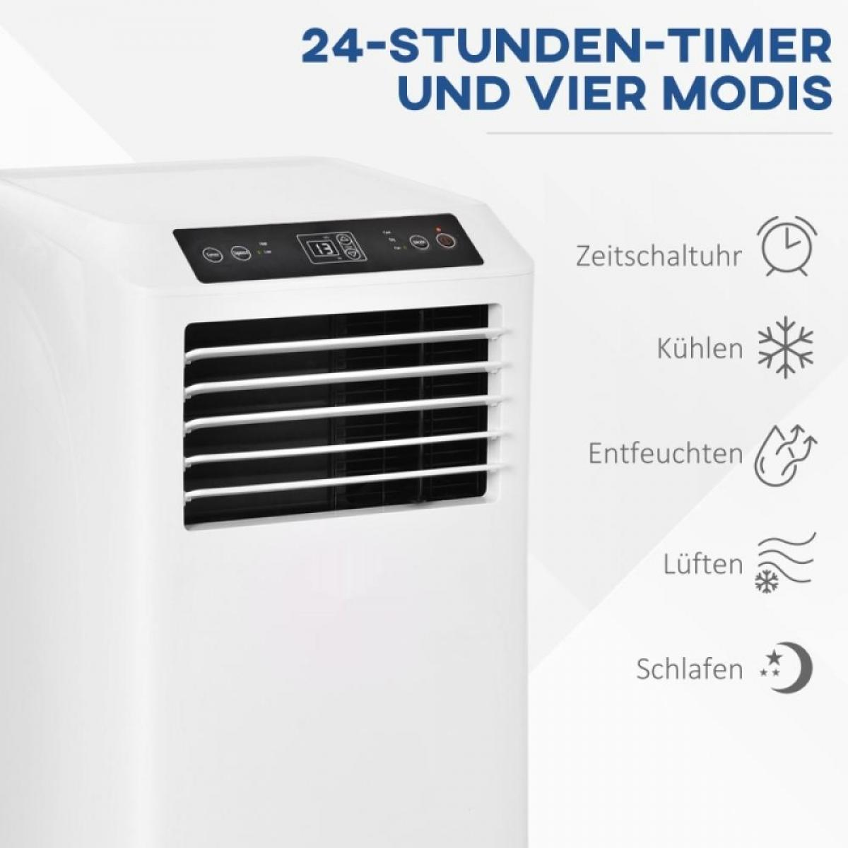 Weißes Klimagerät mit Lüftungsschlitzen und Symbolen für Timer, Kühlen, Entfeuchten, Lüften, Schlafen.