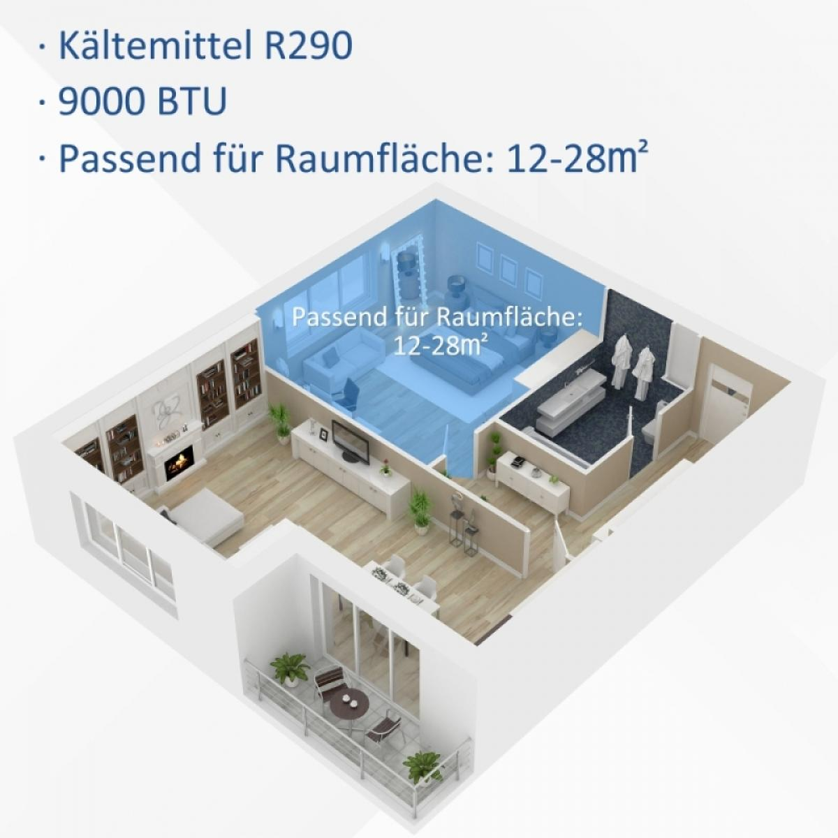 Grundriss einer Wohnung mit Kühlmittel R290, 9000 BTU, für 12-28m².