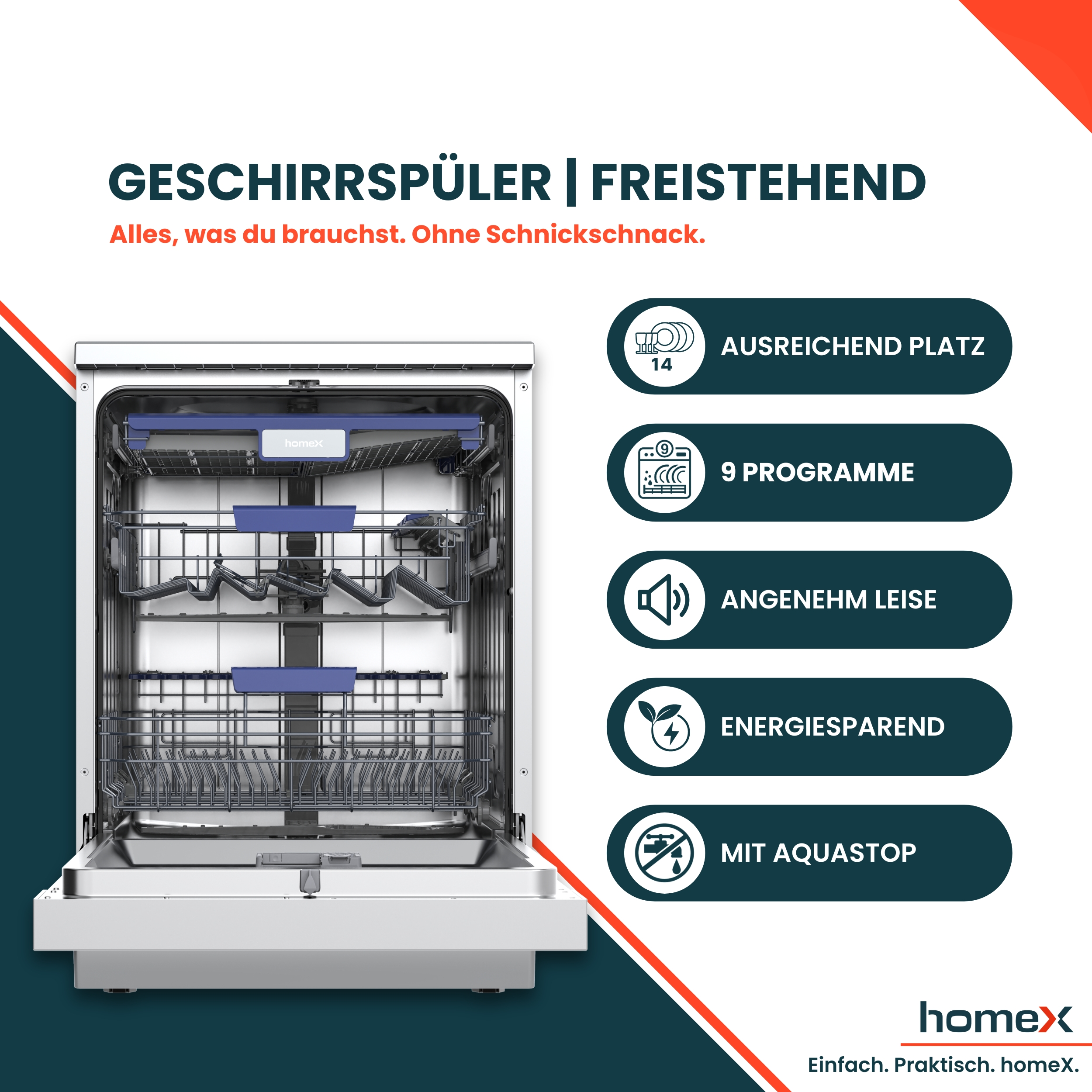 Freistehender Geschirrspüler mit 14 Maßgedecken, 9 Programmen, leise, energiesparend.