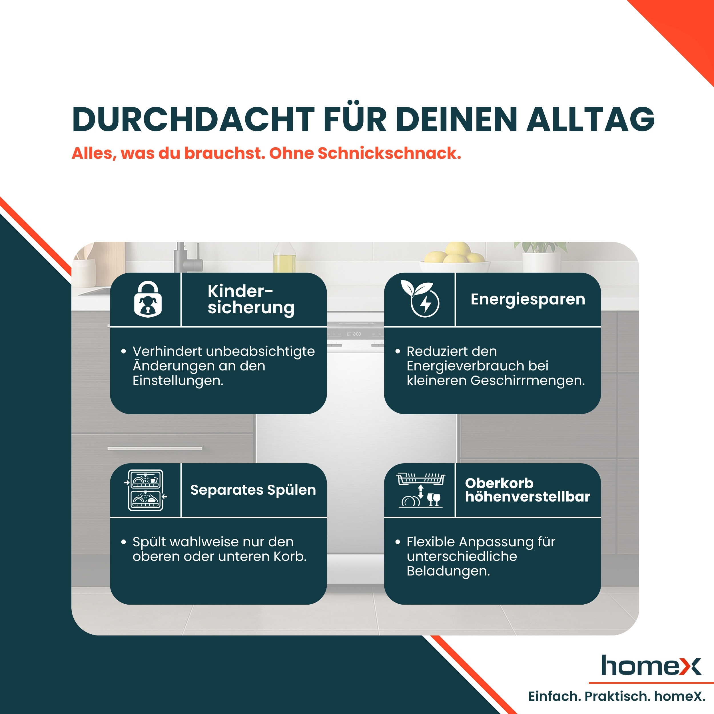 Geschirrspüler mit Kindersicherung, Energiesparen, separates Spülen und höhenverstellbarem Oberkorb.