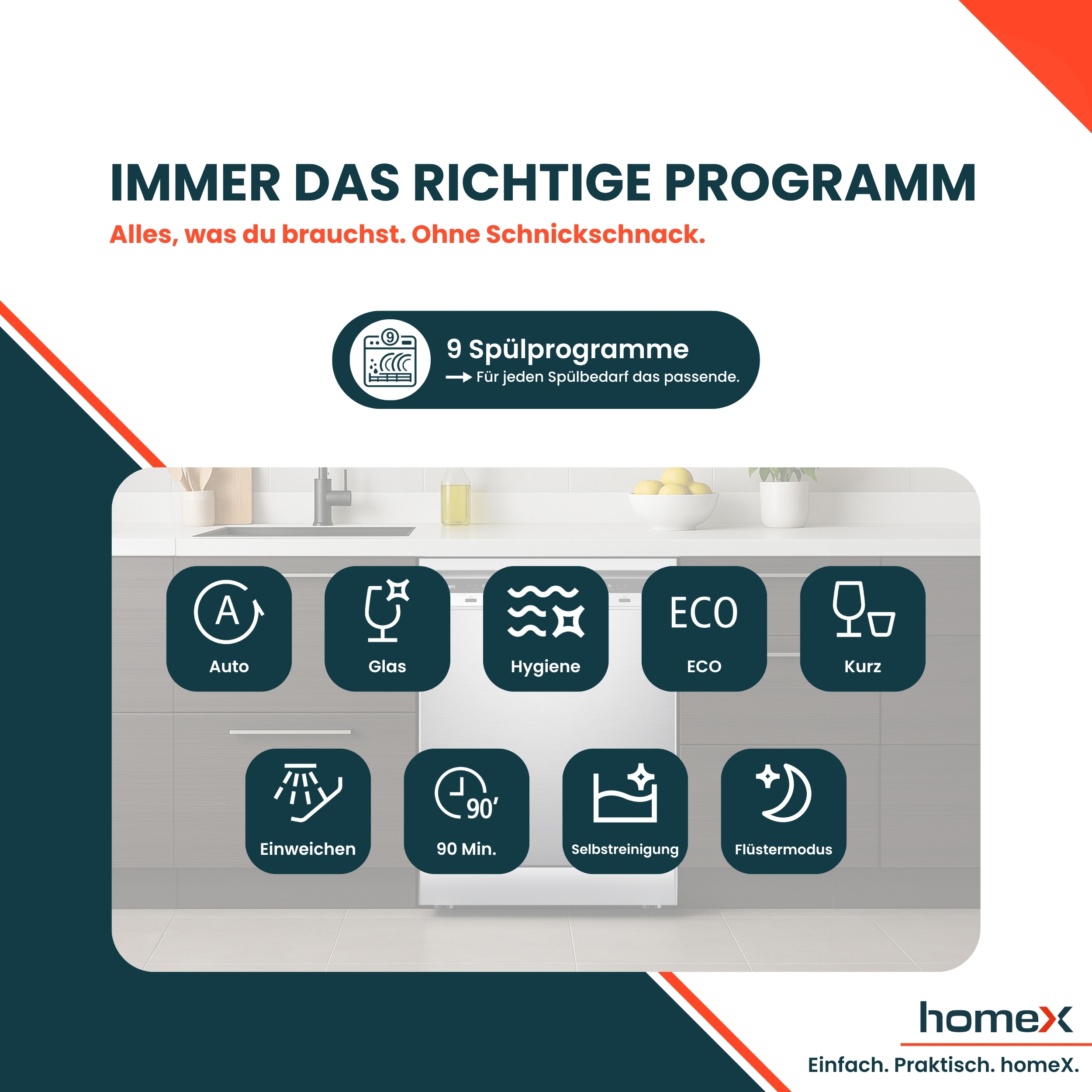 Dishwasher programs: Auto, Glas, Hygiene, ECO, Kurz, Einweichen, 90 Min, Selbstreinigung, Flüstermodus.