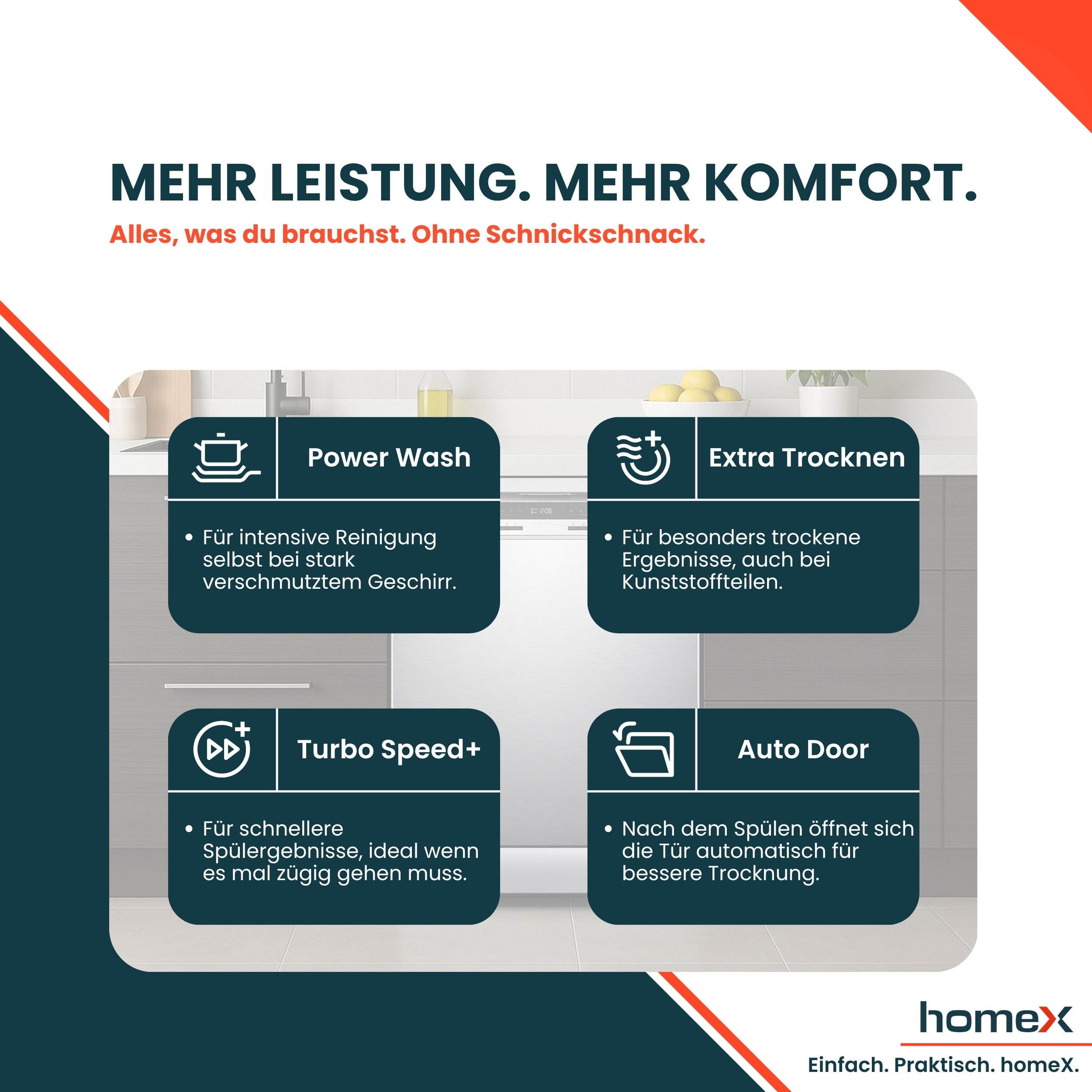 Ein Geschirrspüler mit vier Programmen: Power Wash, Extra Trocknen, Turbo Speed+, Auto Door.