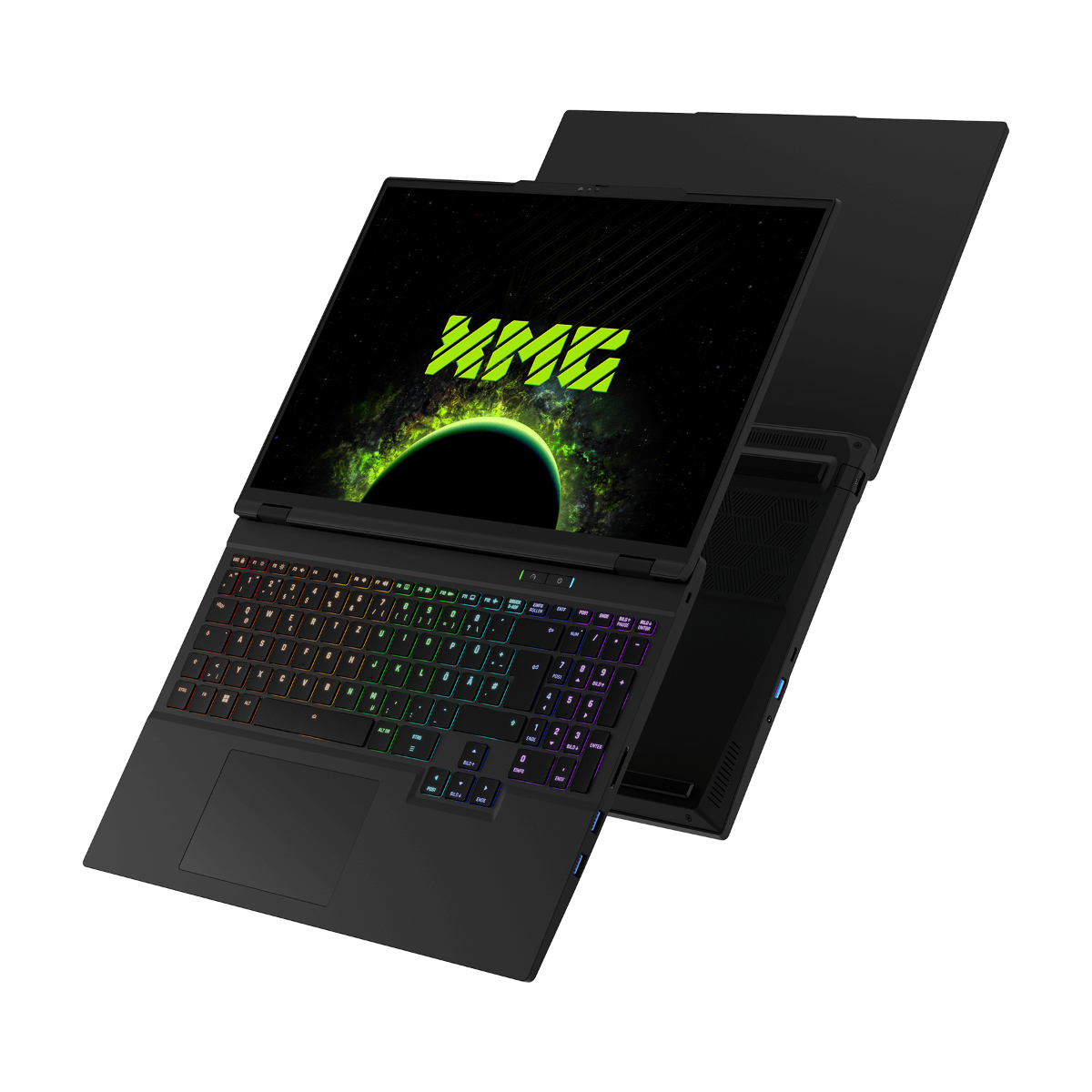 Schwarzer Laptop mit beleuchteter Tastatur und Weltraumhintergrund.
