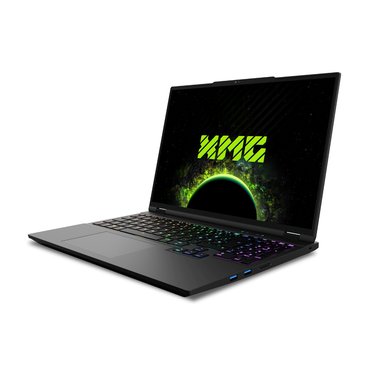 Ein geöffneter schwarzer Laptop mit beleuchteter Tastatur und Weltraumhintergrund.