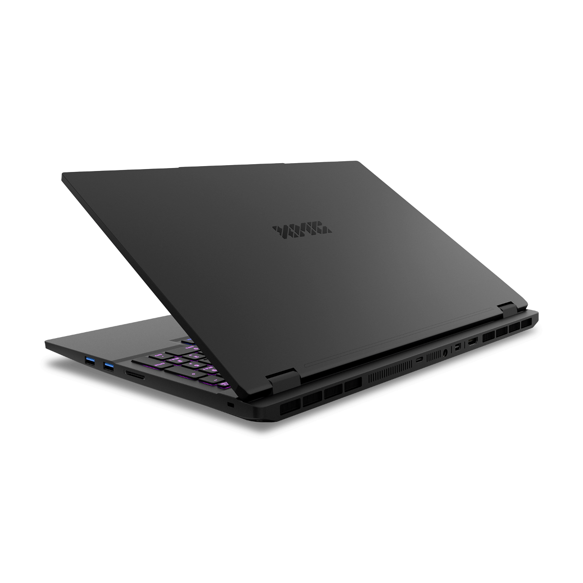 Ein schwarzer Laptop mit beleuchteter Tastatur und Logo auf dem Deckel.