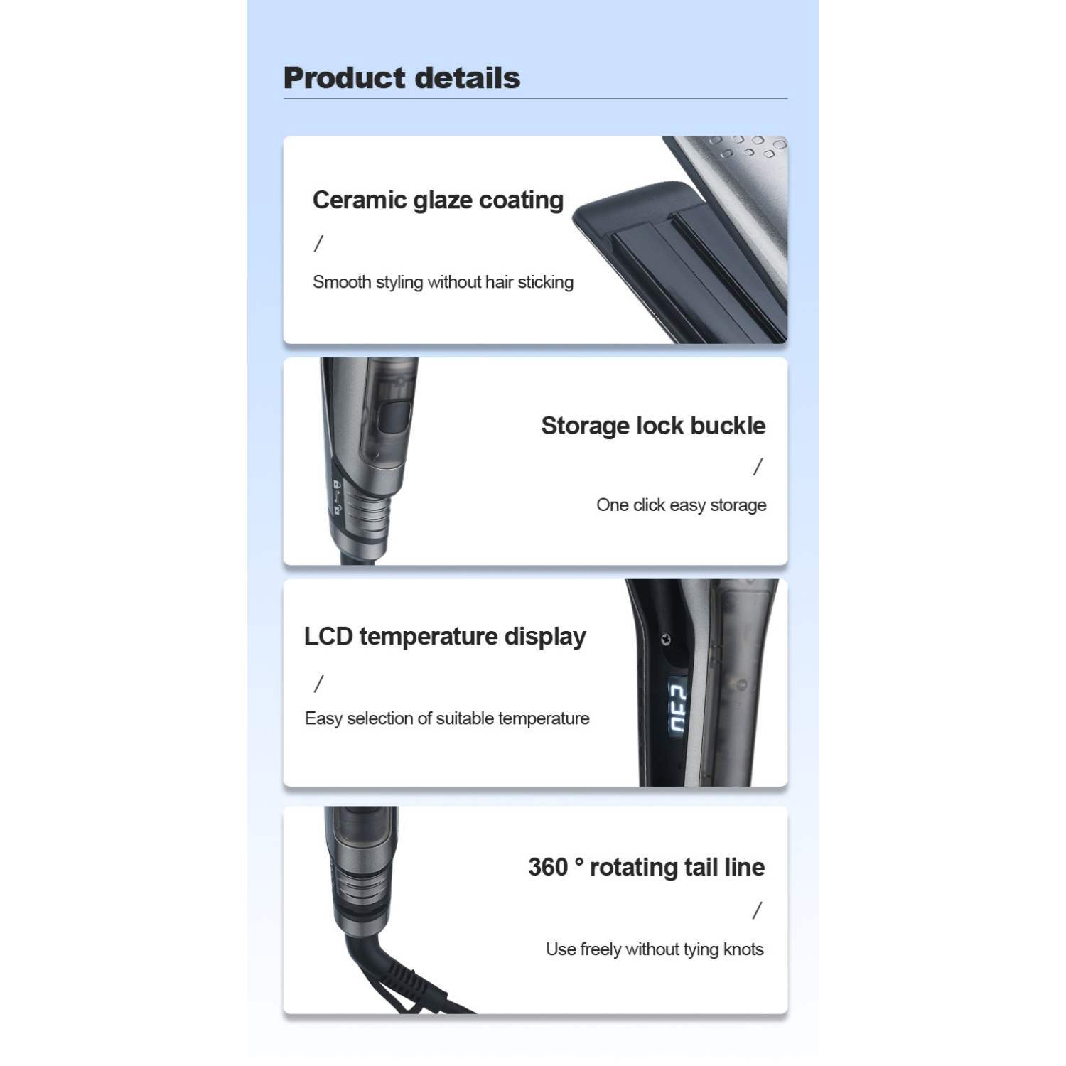 Produktbilder: Keramikglasur, Verriegelung, LCD-Display, drehbare Schnur.