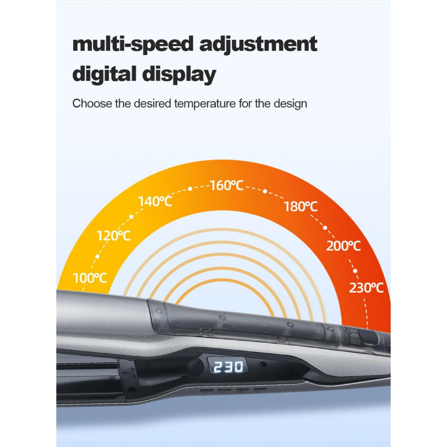 Graues Glätteisen mit digitaler Anzeige von 230°C und Temperaturanzeige.
