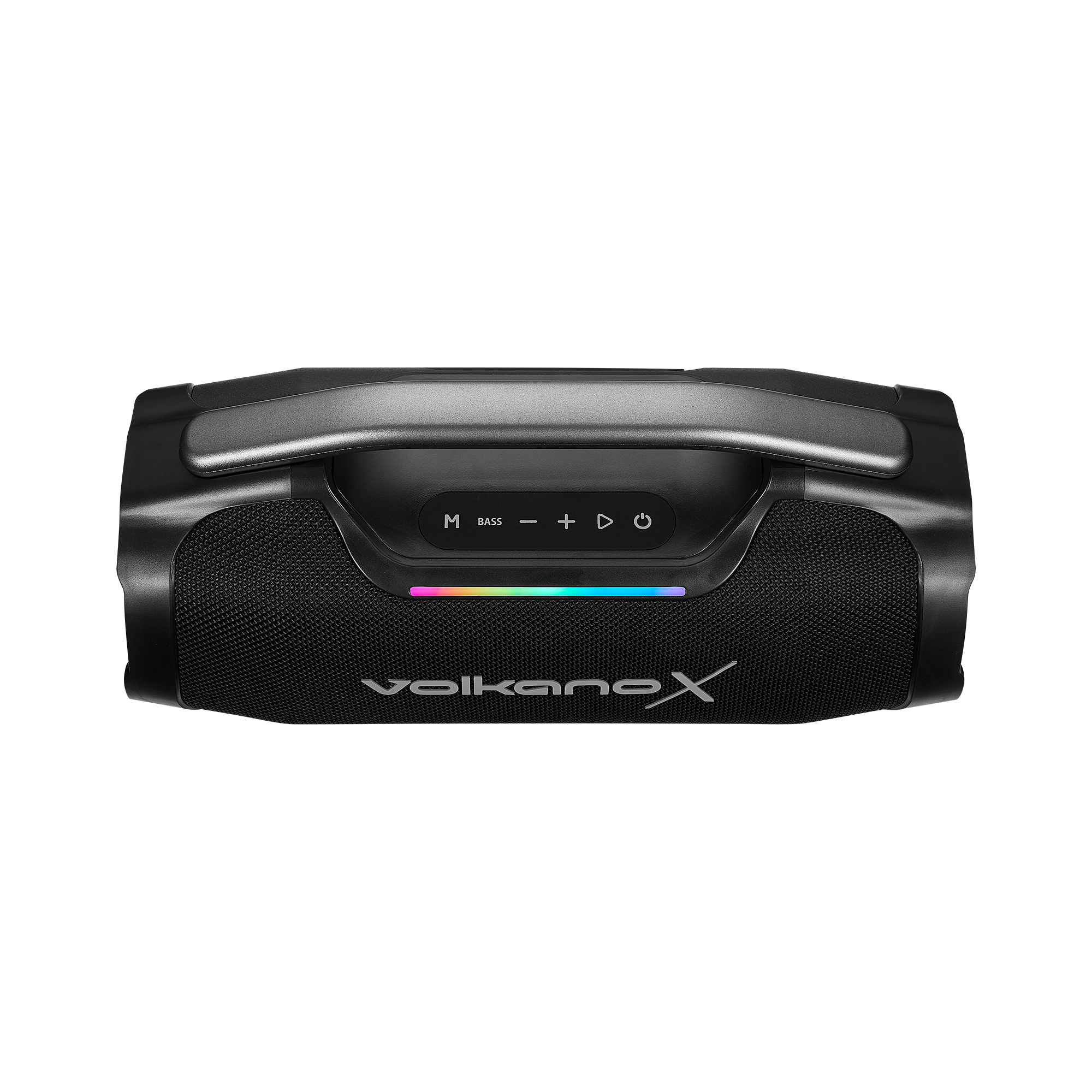 Schwarzer Lautsprecher mit Griff und "volkanox"-Logo. Bunt beleuchtet.