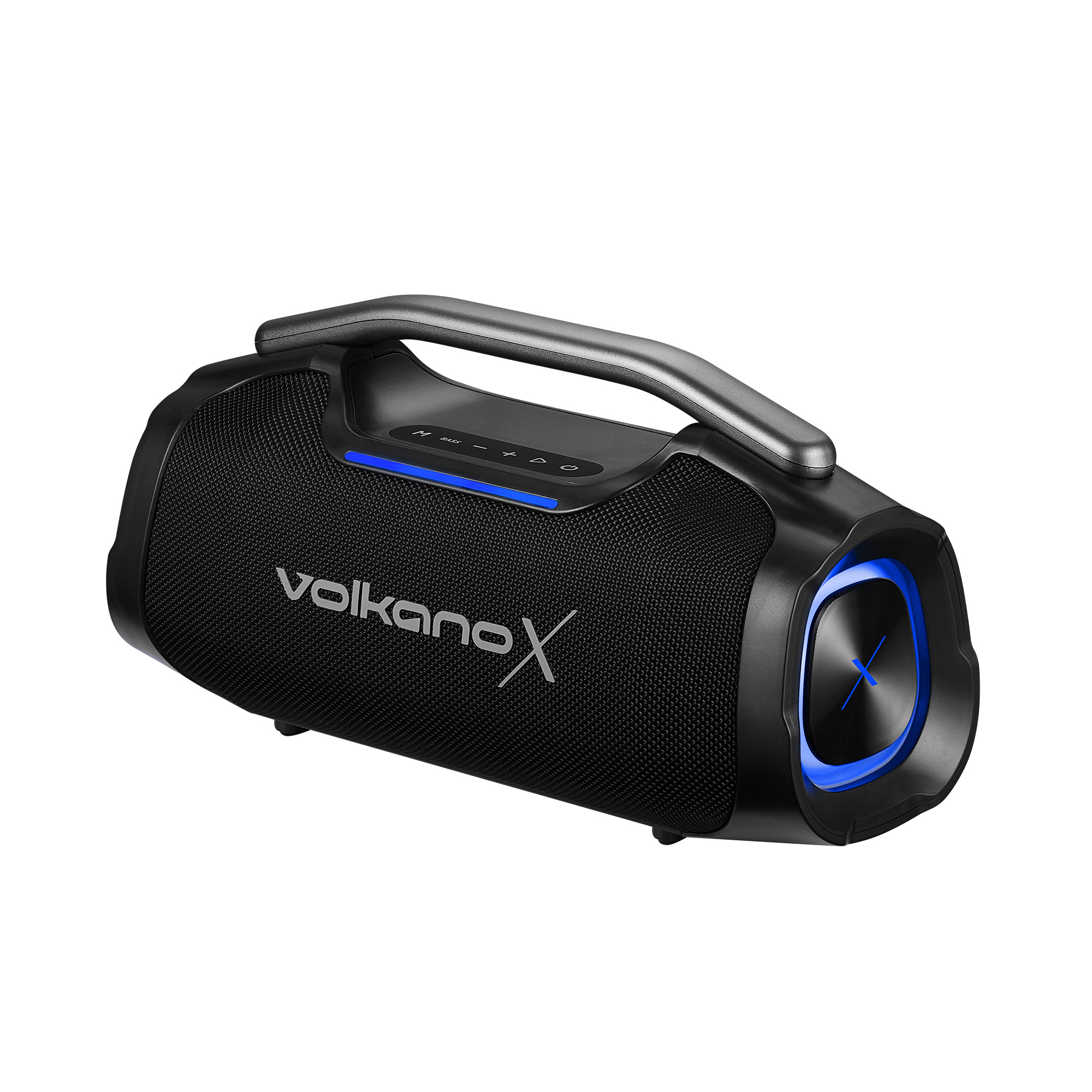 Schwarzer Volkano X Bluetooth-Lautsprecher mit Tragegriff und blauen Akzenten.