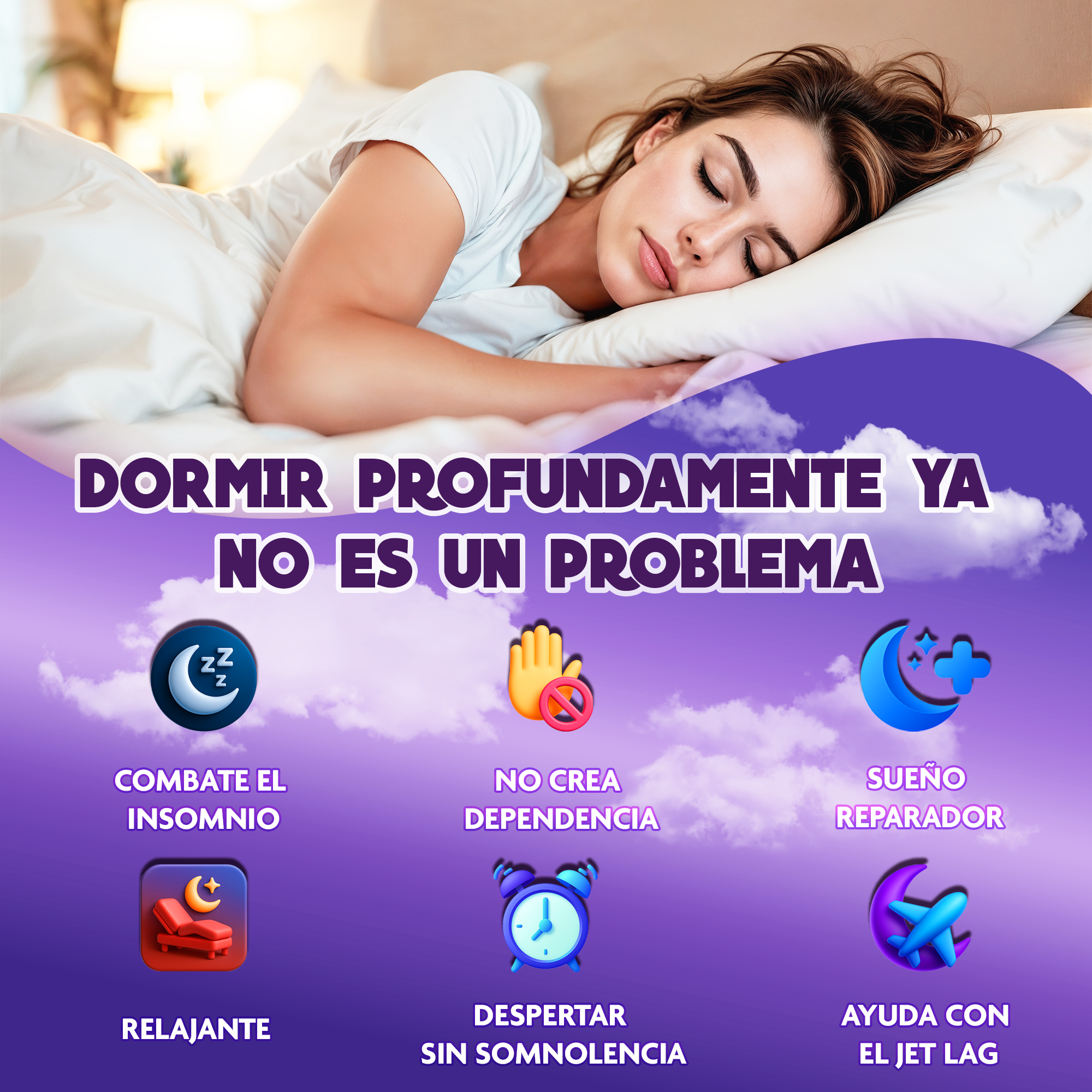 Mujer durmiendo en la cama, rodeada de nubes e íconos de sueño.