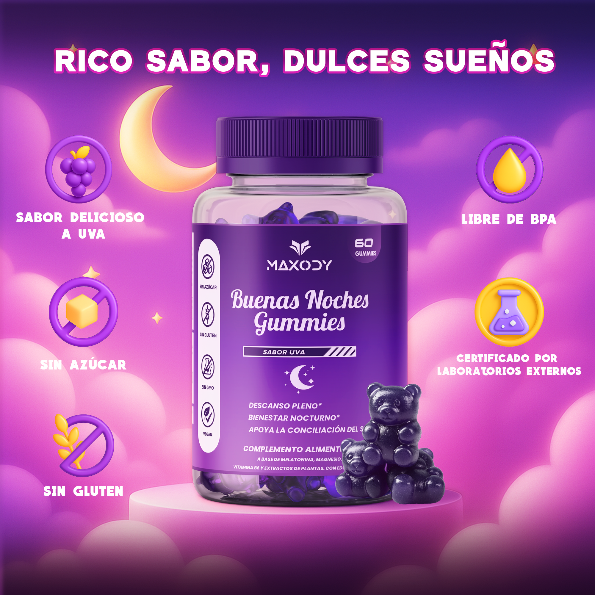 Botella de gomitas de ositos morados con luna e icono de uva.