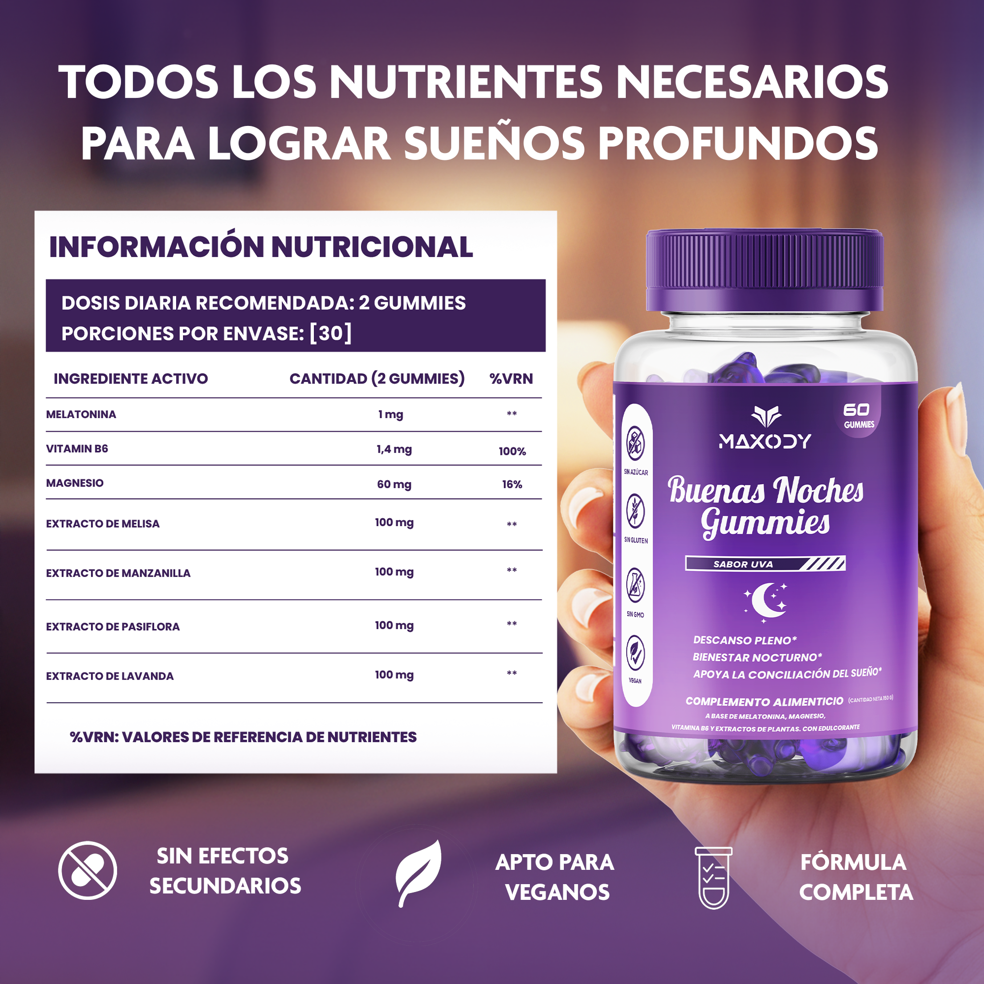 Una mano sostiene una botella de gomitas moradas sabor uva. Información nutricional visible.