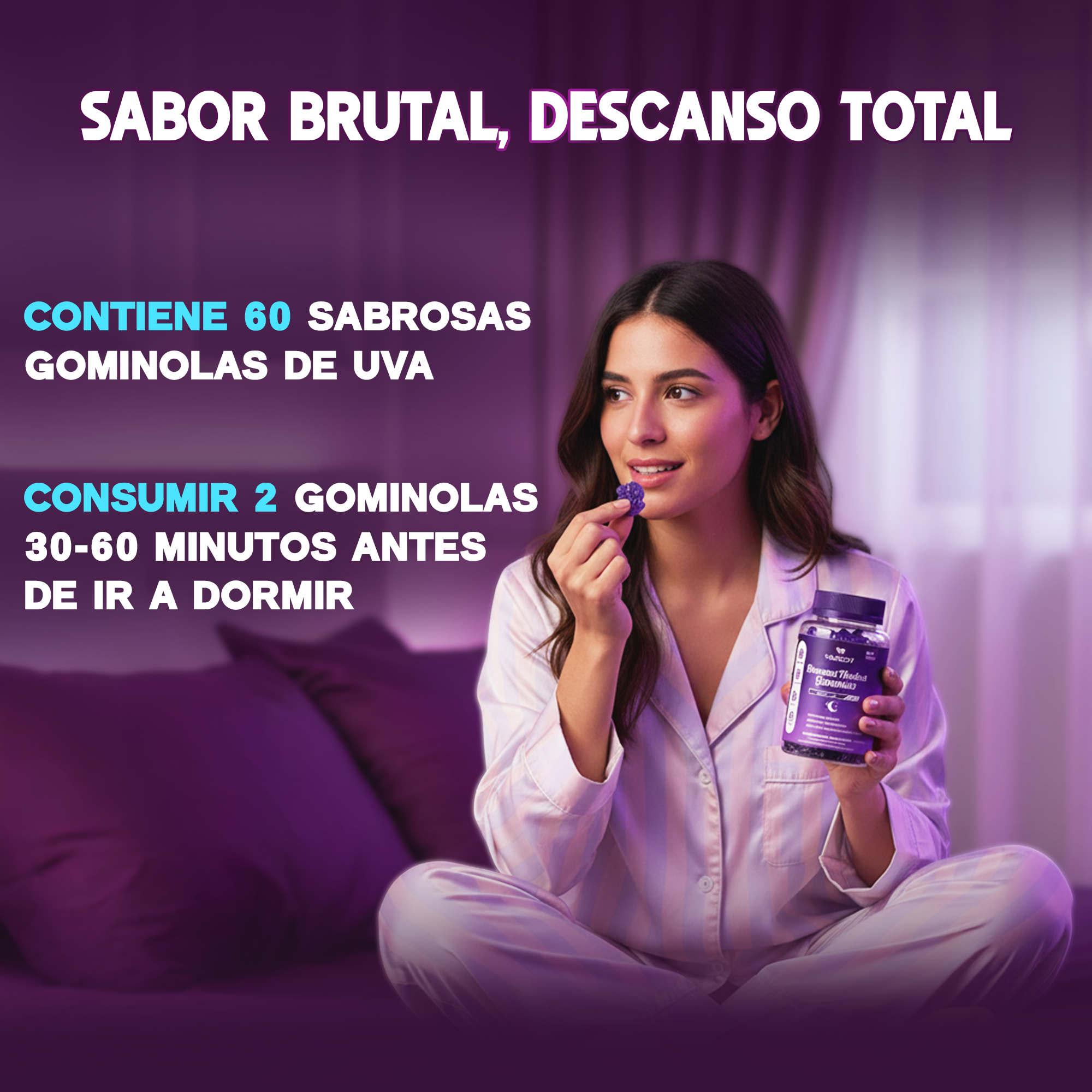 Una mujer en pijama come una gomita morada y sostiene una botella.
