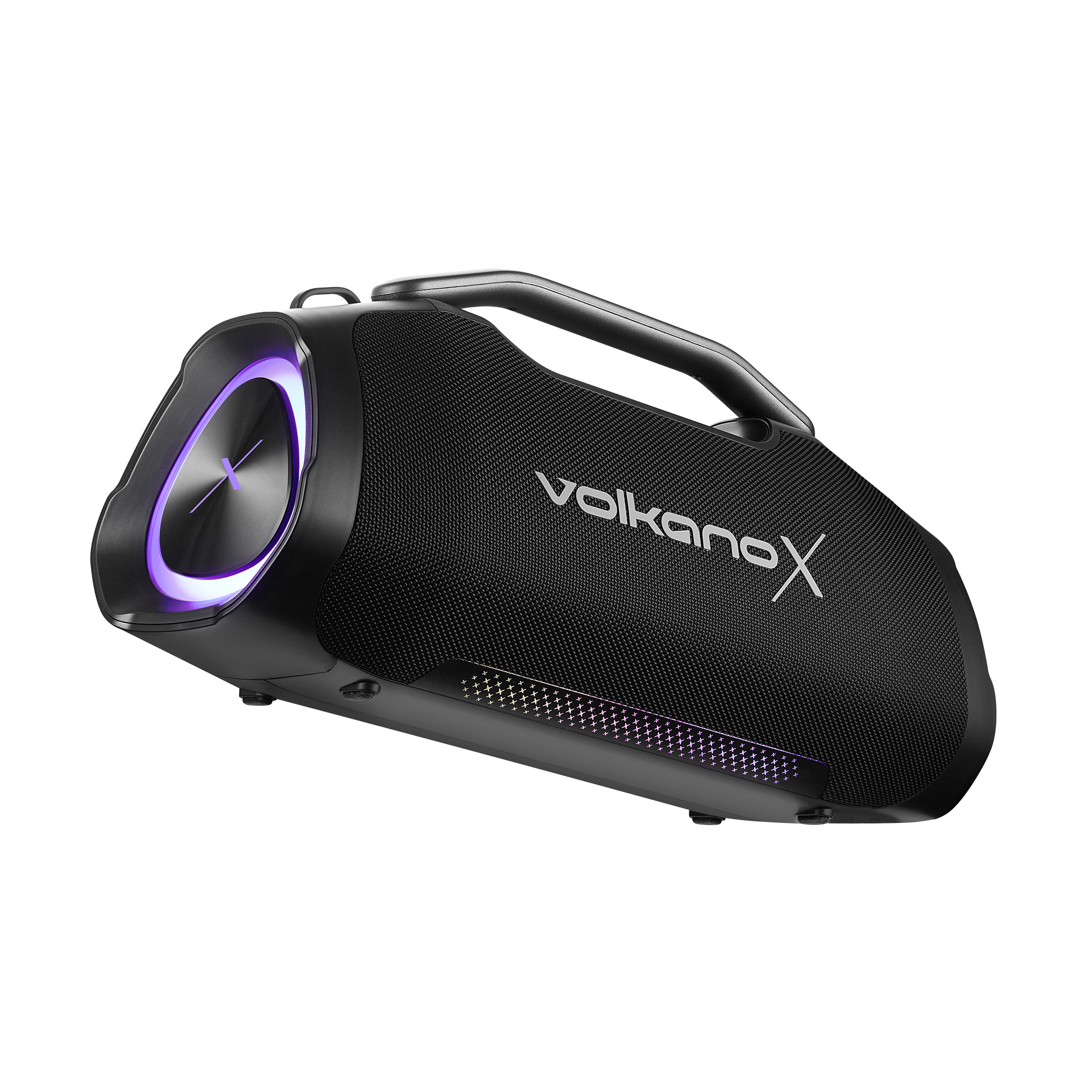 Schwarzer VolkanoX Lautsprecher mit Griff und violetter LED-Beleuchtung.