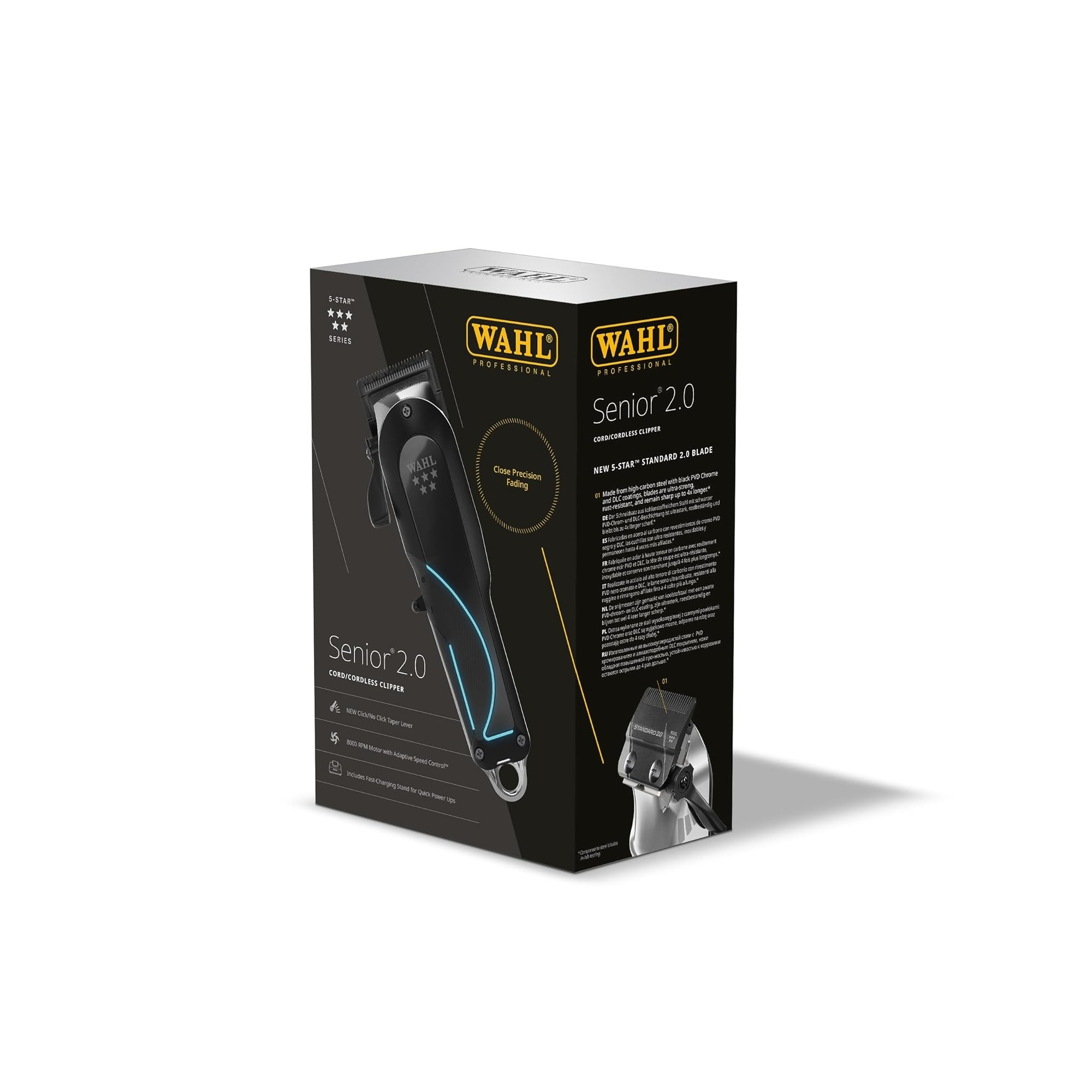 Wahl Senior 2.0 Haarschneidemaschine mit Lade-Stand, schwarz und blau.