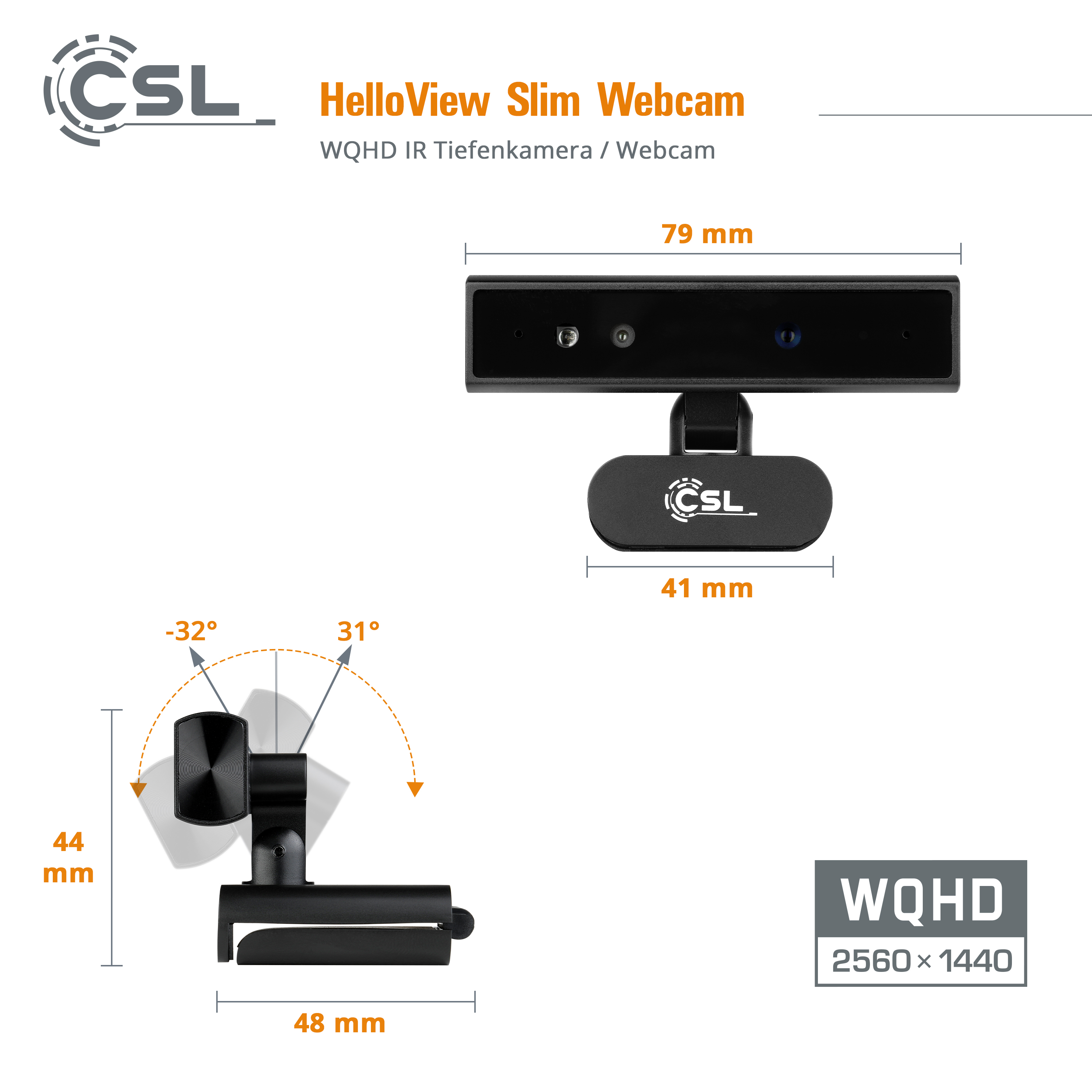 CSL HelloView Slim Webcam mit Maßen 79x41x44mm und WQHD-Auflösung.