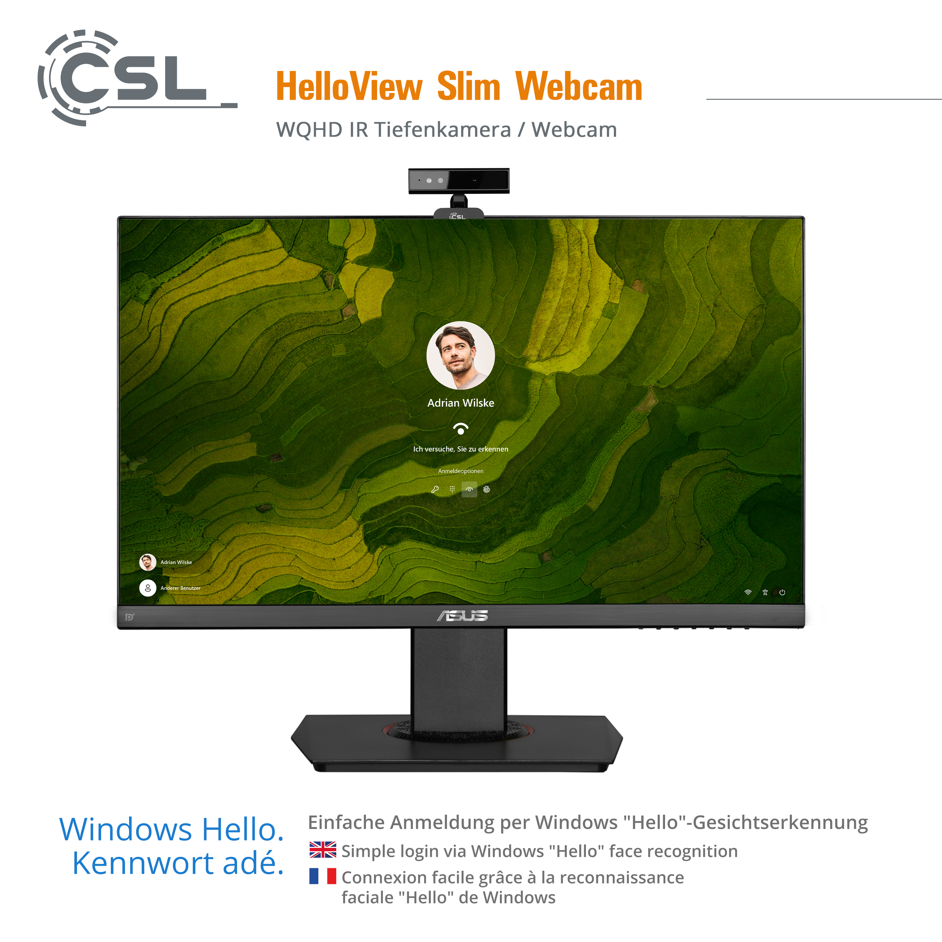 CSL HelloView Webcam mit Windows Hello Anmeldebildschirm.