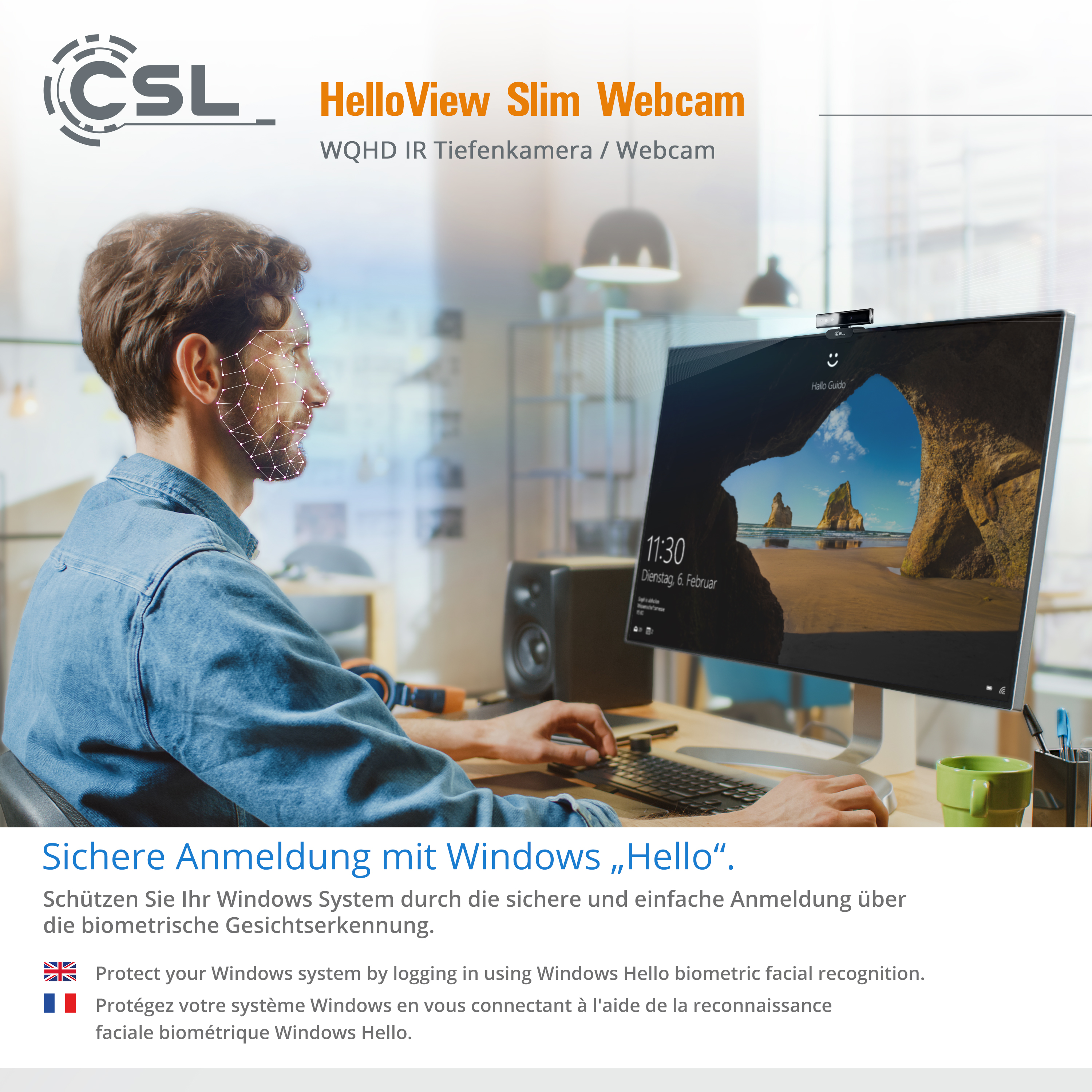 Mann nutzt Webcam zur biometrischen Anmeldung am PC. CSL Logo oben links.