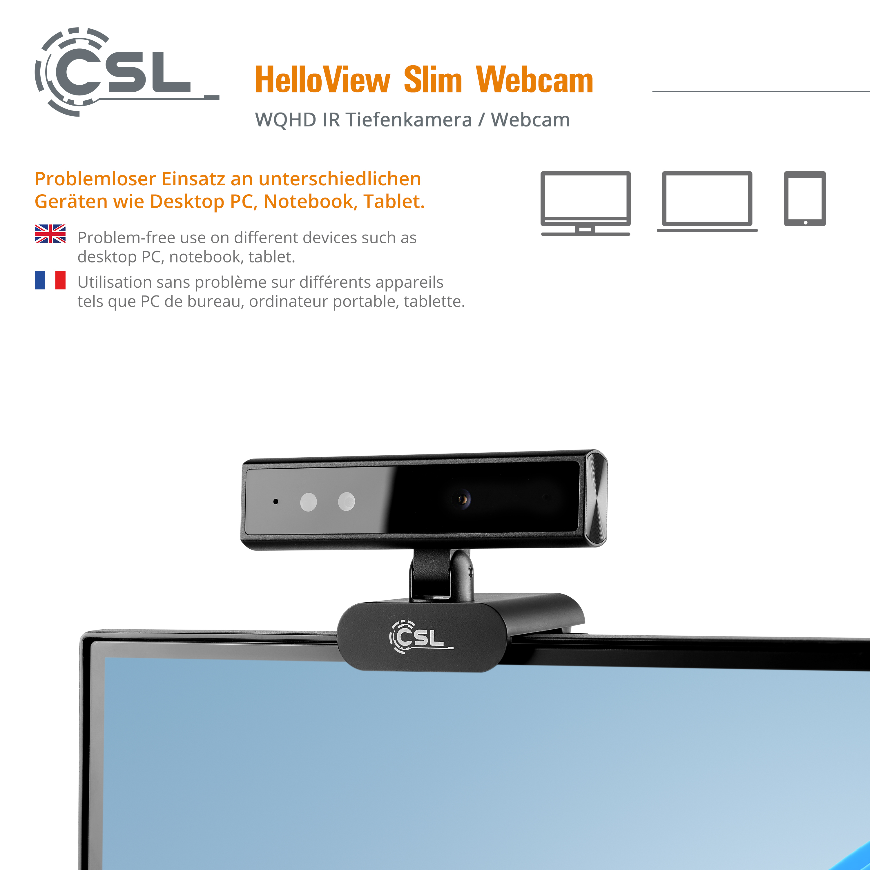 CSL HelloView Slim Webcam auf einem Monitor, mit Text.