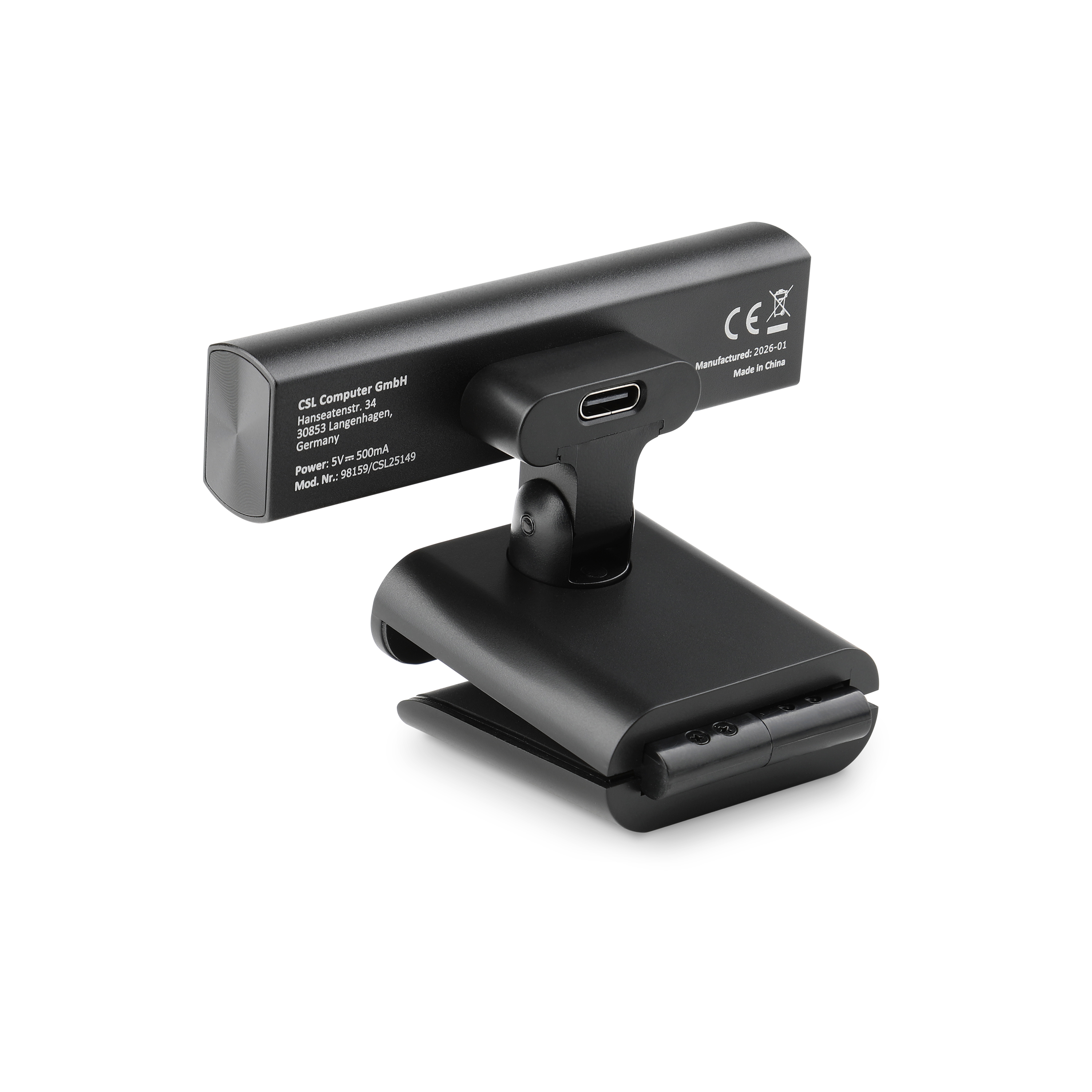 Schwarzer USB-C-Webcam-Clip mit CE-Zeichen und Herstellerinformationen.