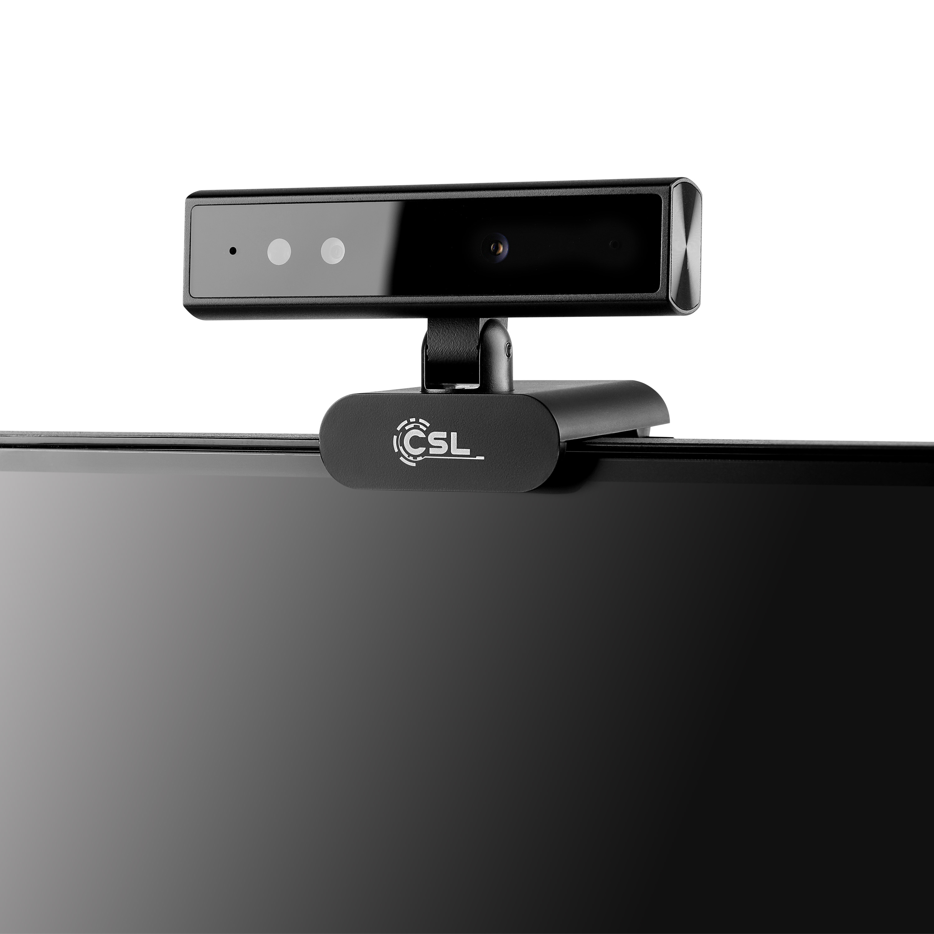 Eine schwarze Webcam mit CSL-Logo ist auf einem dunklen Bildschirm montiert.