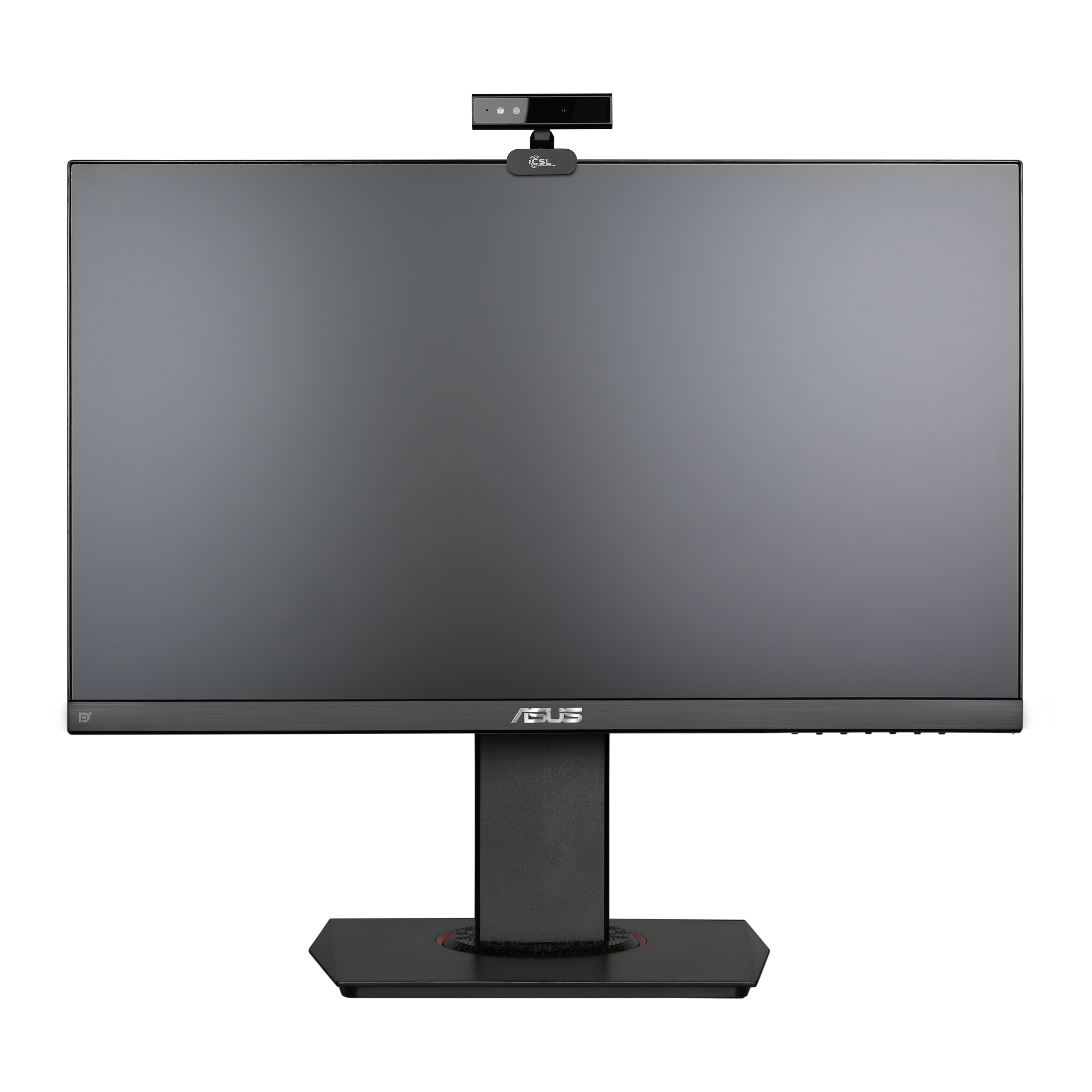 Ein schwarzer Monitor mit einer Kamera oben und einem ASUS-Logo unten.