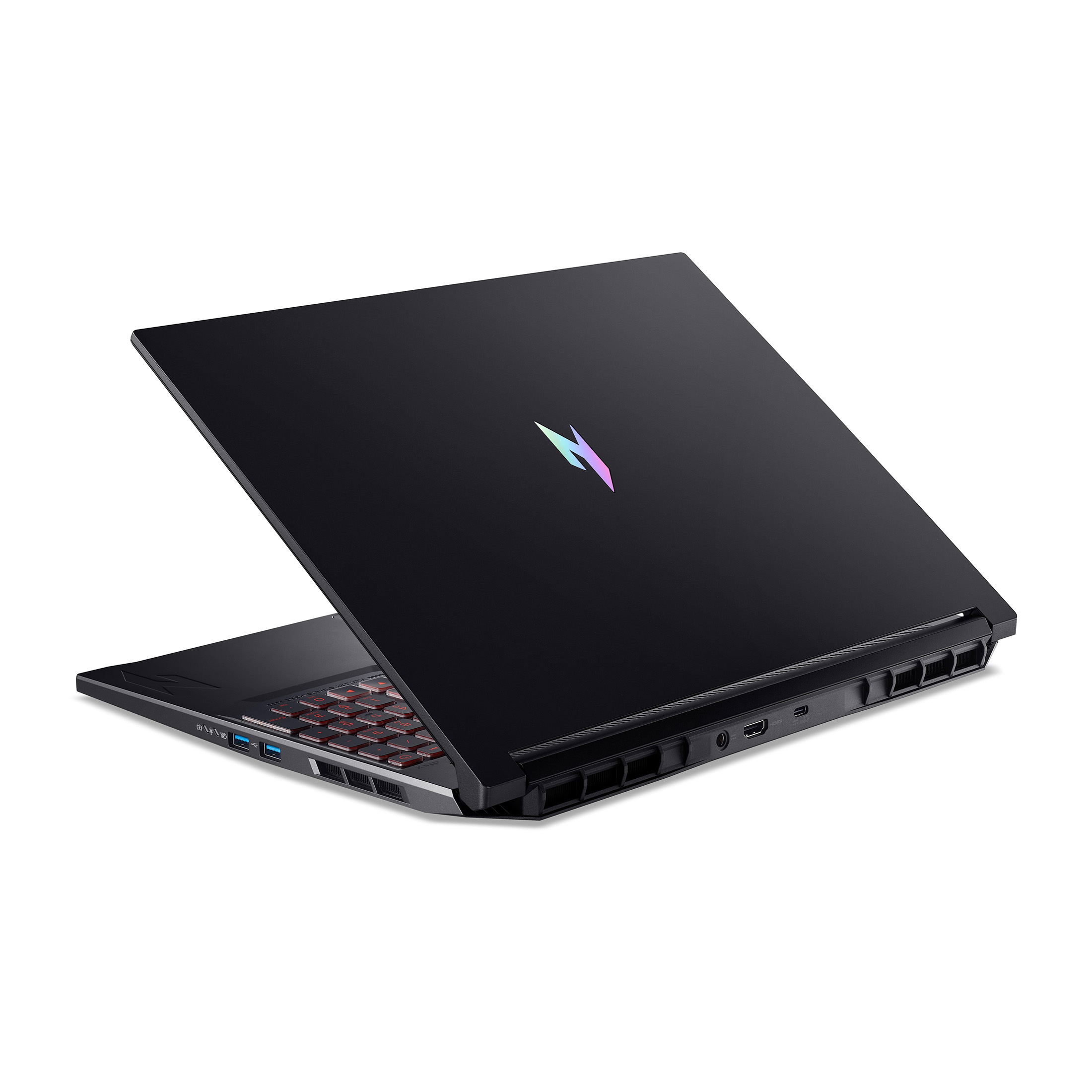 Schwarzer Laptop mit beleuchteter Tastatur und Logo auf dem Deckel.