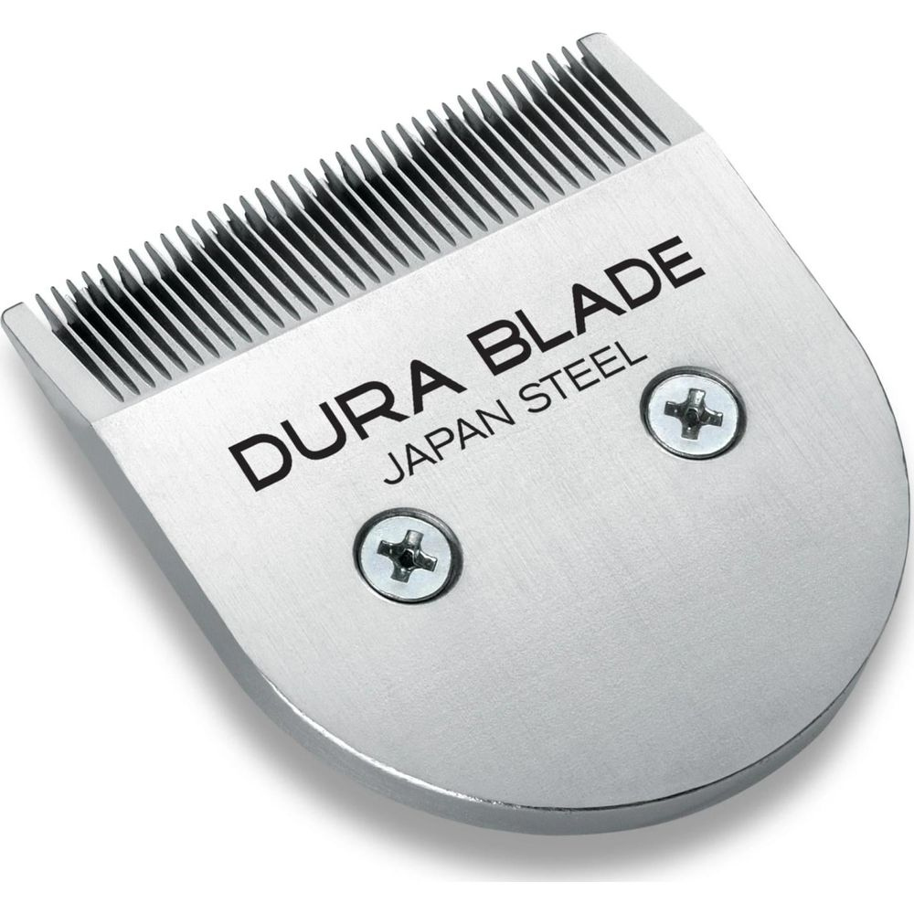 Zbliżenie srebrnego ostrza z napisem "DURA BLADE JAPAN STEEL".