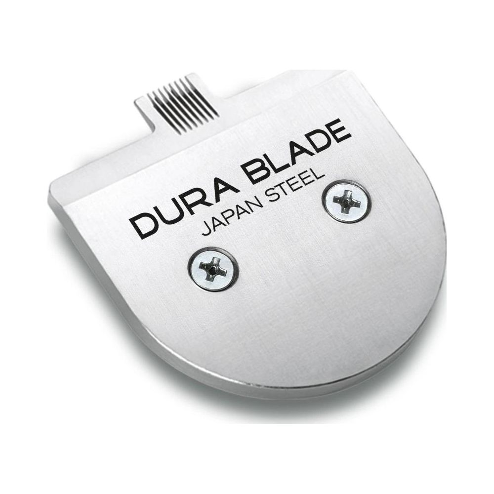 Metalowe ostrze z napisem "DURA BLADE JAPAN STEEL" i dwoma śrubami.