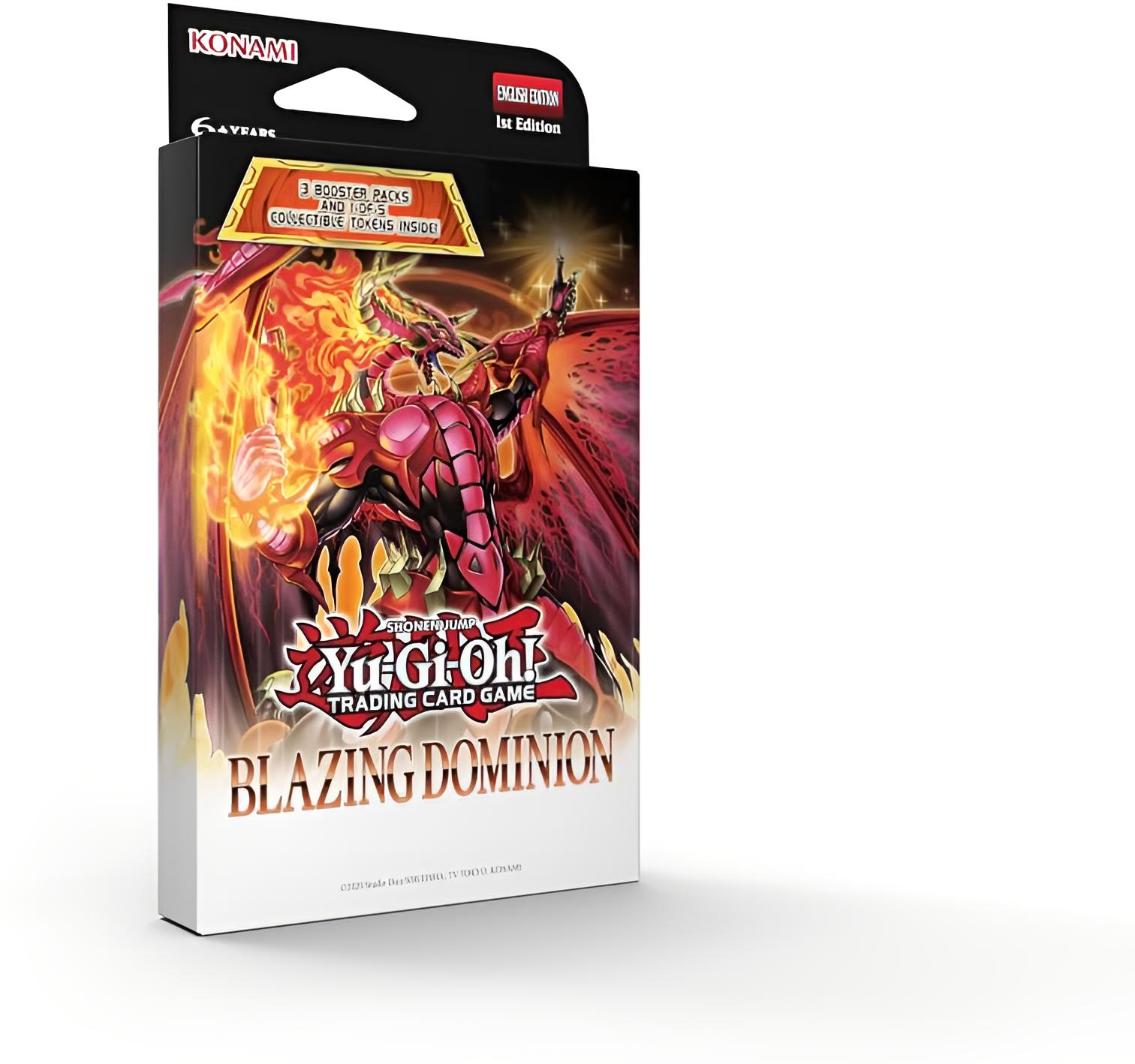 Yu-Gi-Oh! Blazing Dominion Kartenspiel-Box mit Drachenmotiv und Feuer.