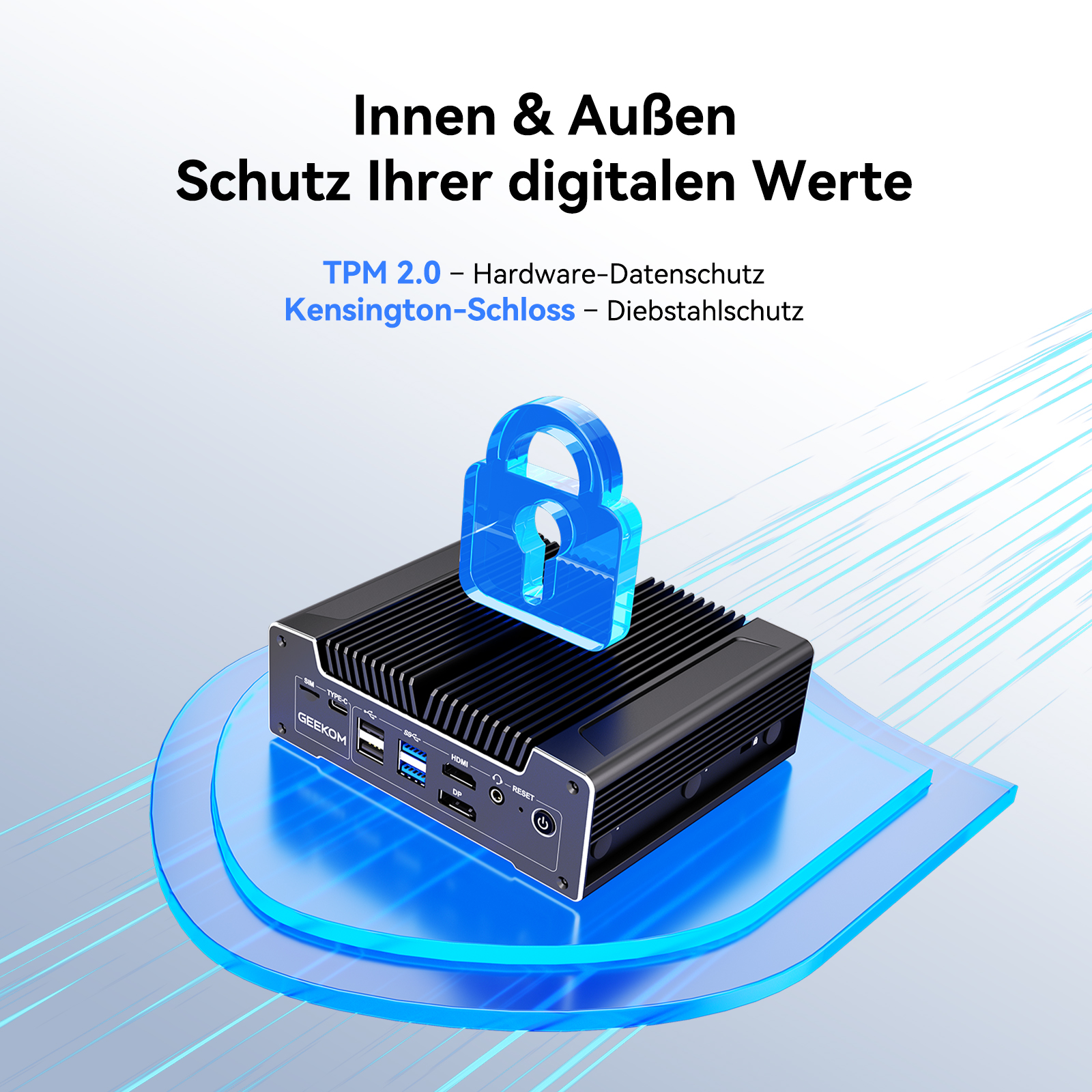 Ein schwarzer Mini-PC mit einem blauen Schloss-Symbol darüber, steht auf Glas.