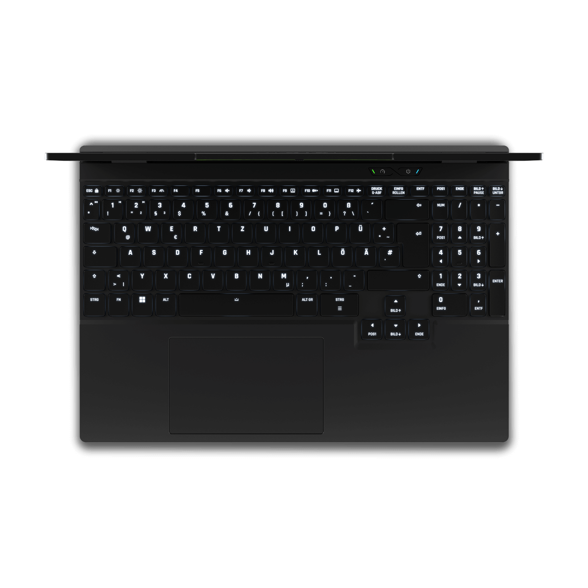 Ein schwarzes, beleuchtetes Laptop-Keyboard mit Touchpad, von oben gesehen.