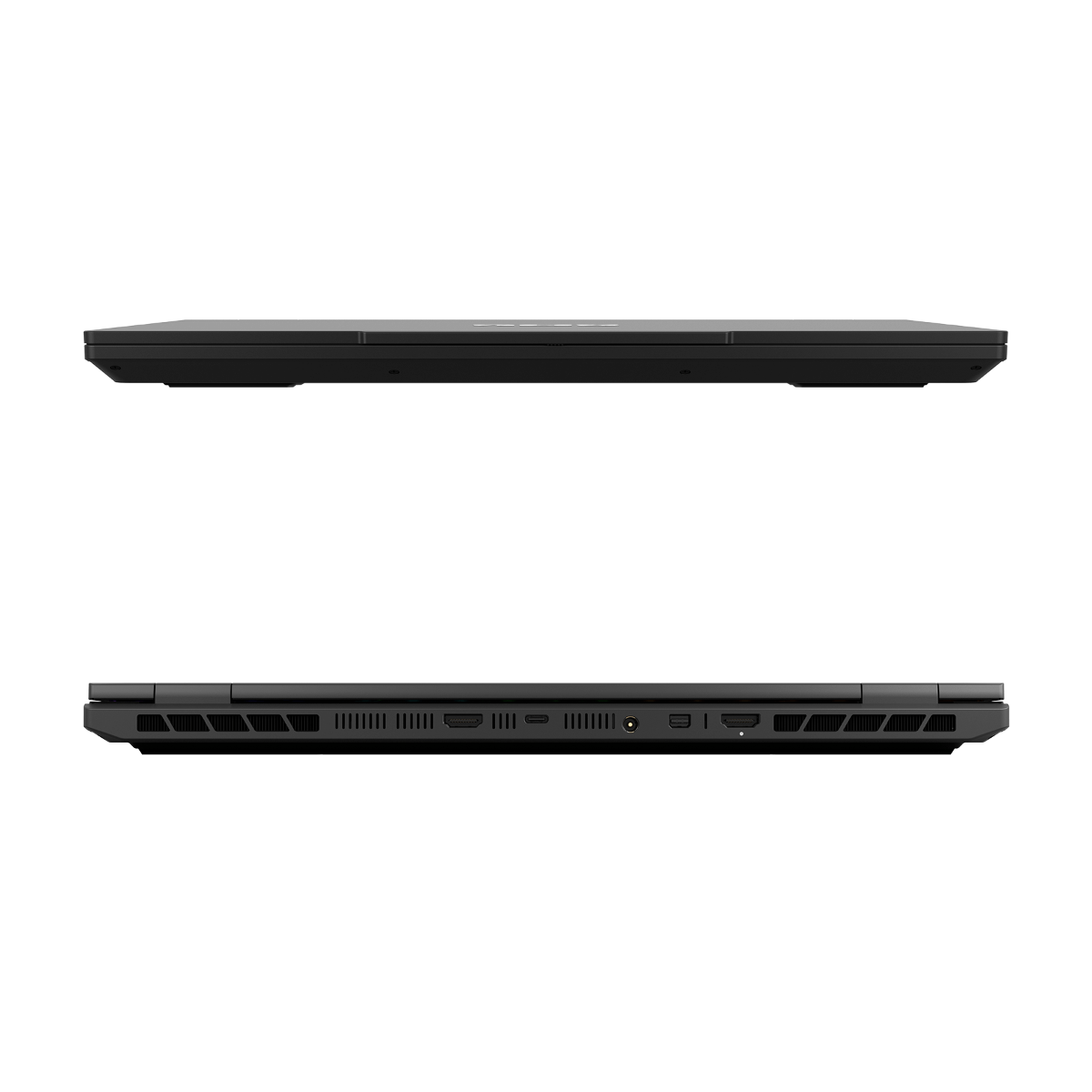 Oben und unten Ansicht eines schwarzen Laptops mit Anschlüssen an der Seite.