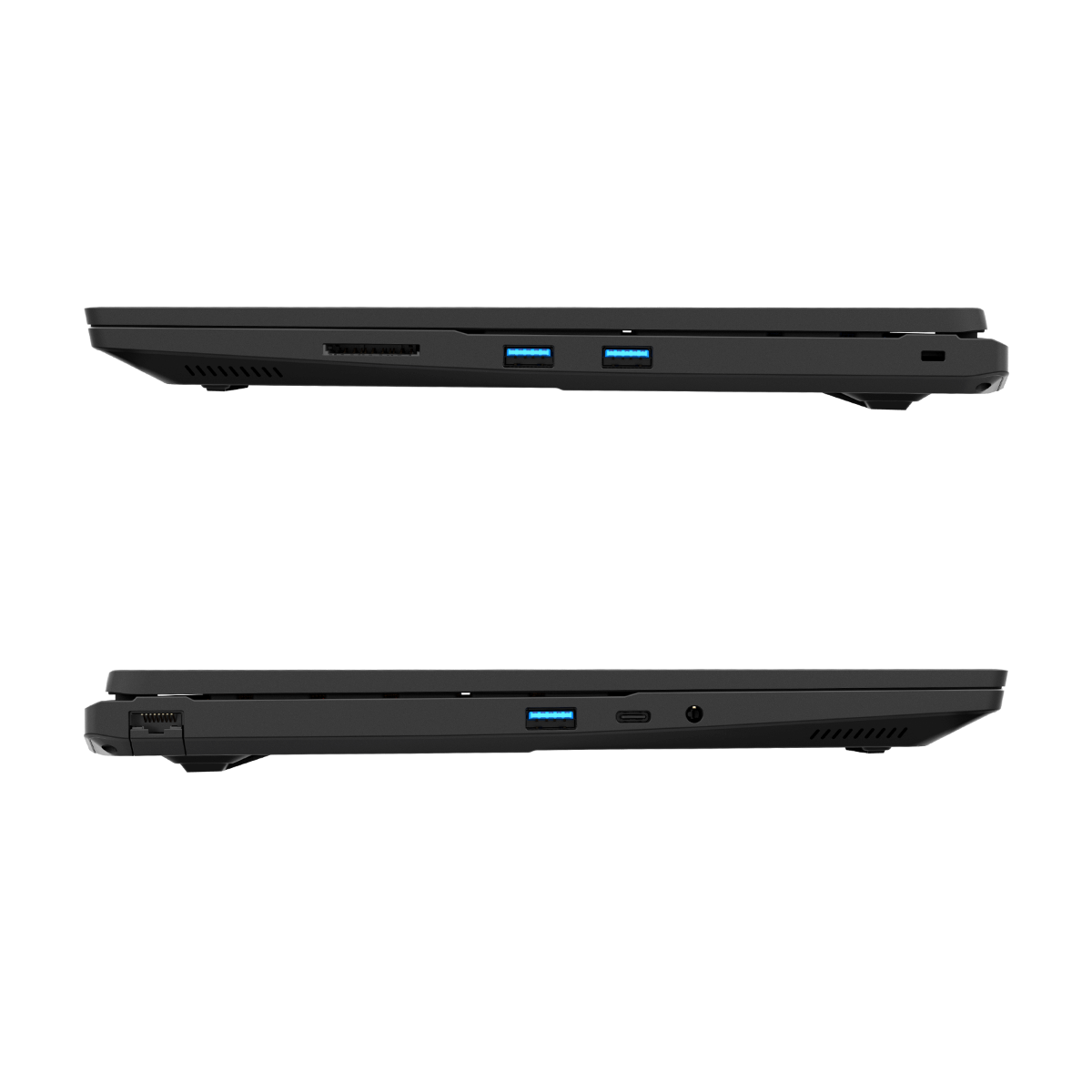 Zwei Ansichten eines schwarzen Laptops mit USB-Anschlüssen und einem SD-Kartensteckplatz.