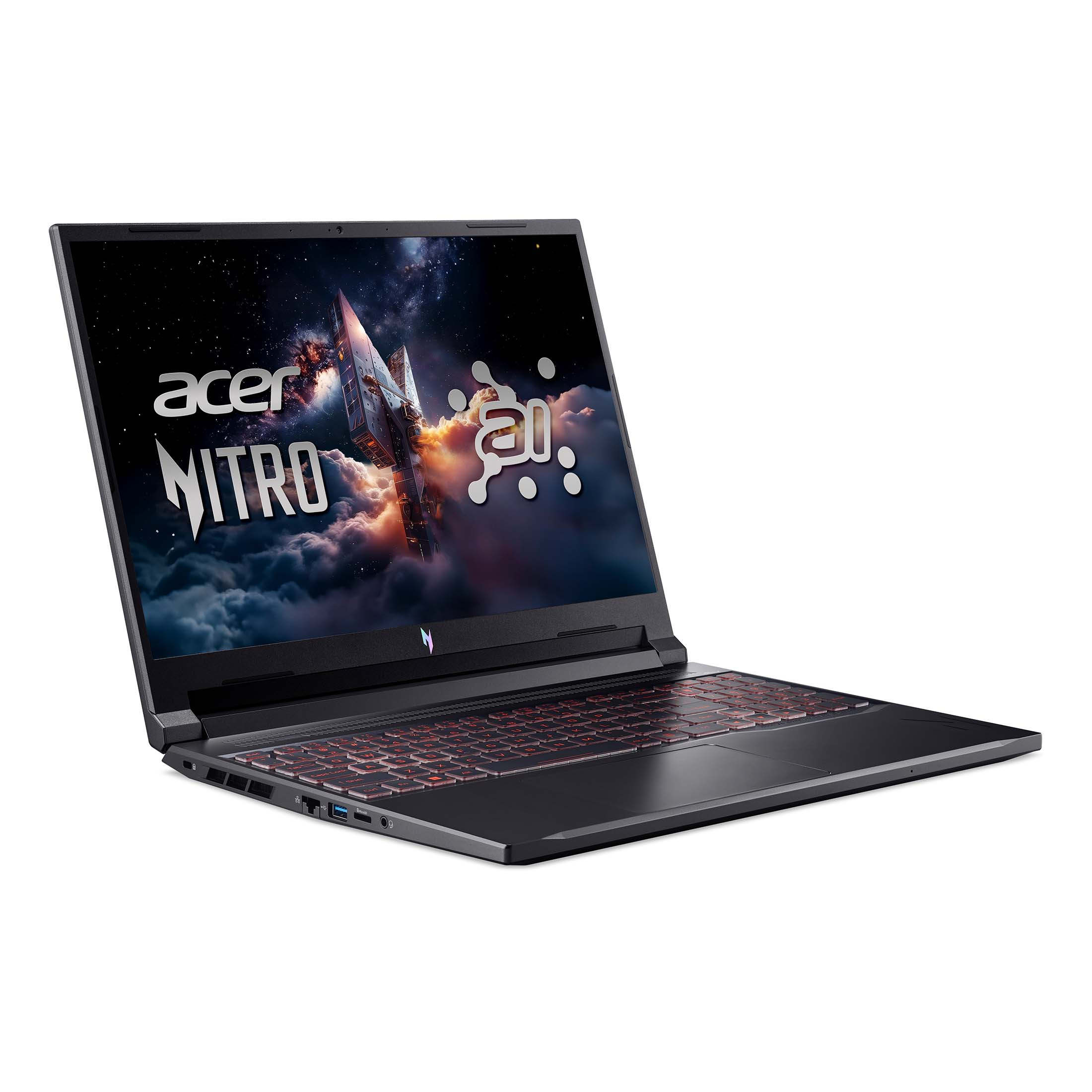 Ein schwarzer Acer Nitro Laptop mit beleuchteter Tastatur vor weißem Hintergrund.