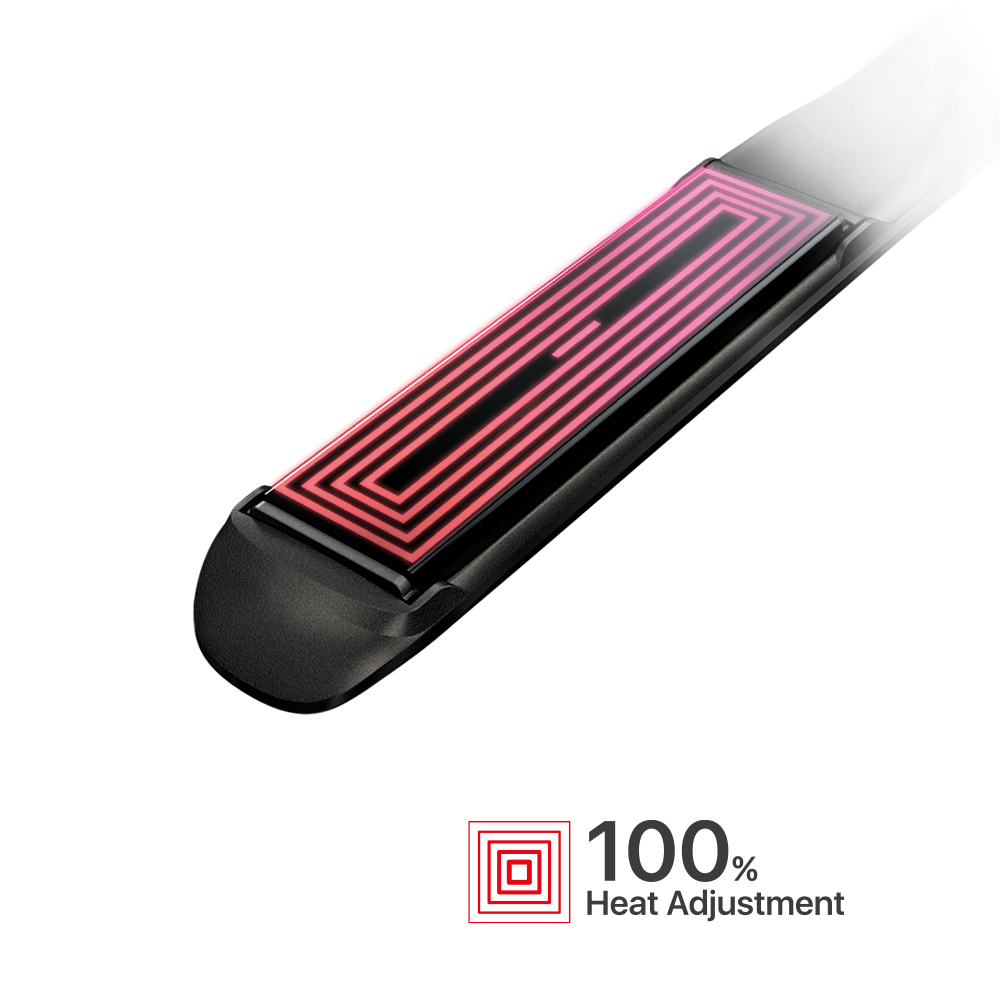 Schwarzes Glätteisen mit leuchtend roten Heizelementen und Textanzeige '100% Heat Adjustment'.