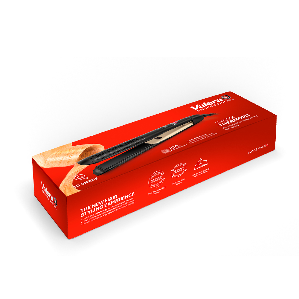 Valera Haarglätter auf roter Box mit goldenem Haarbild.