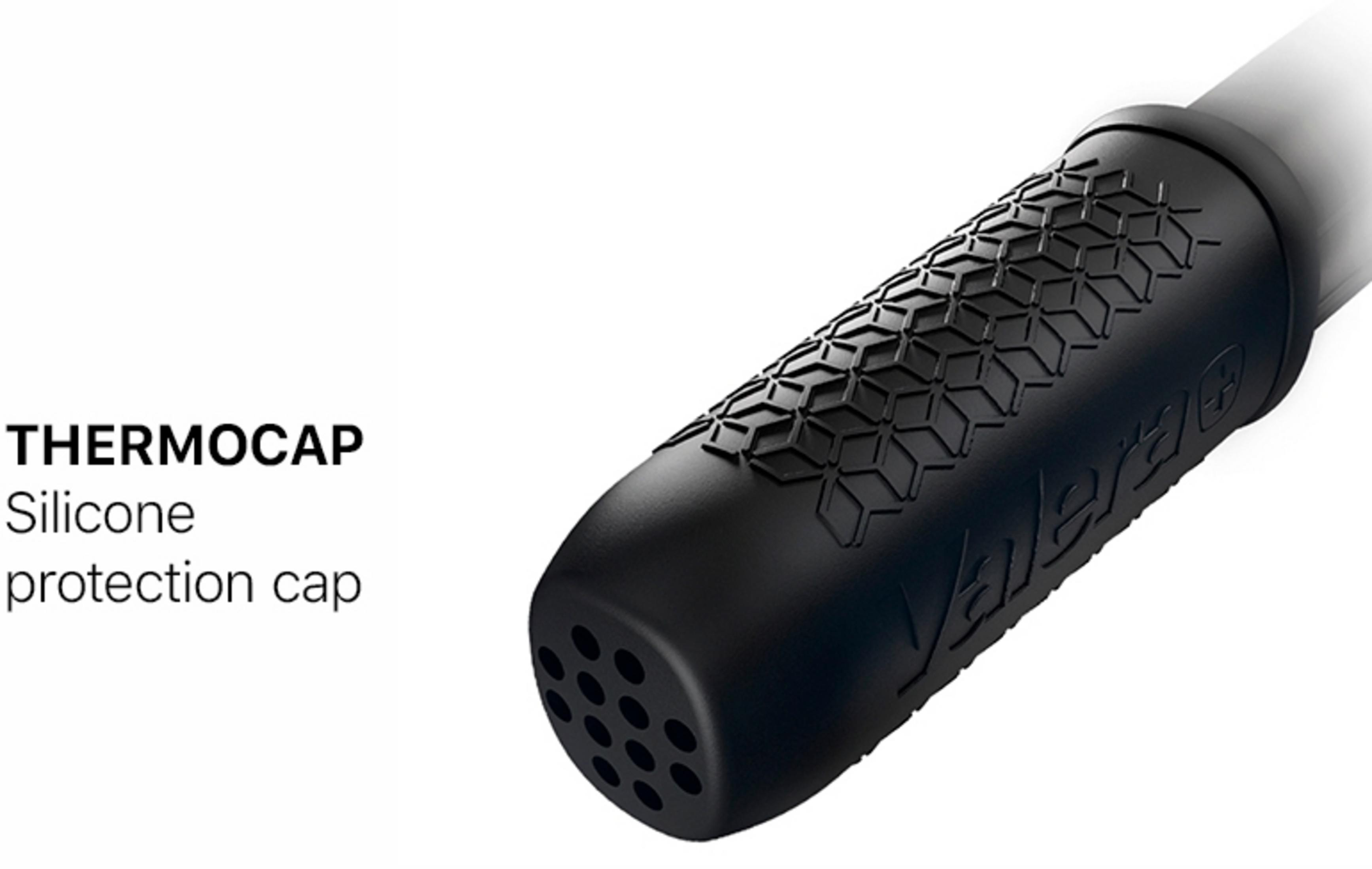 Schwarze Thermokappe aus Silikon mit Wabenmuster und Logo.