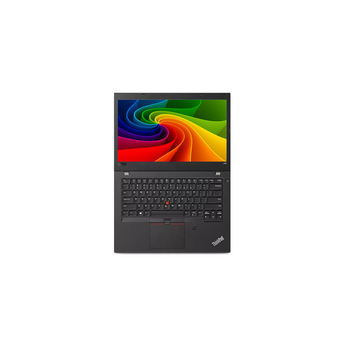 Ein schwarzer Laptop mit geöffnetem Bildschirm, der ein buntes Wirbelmuster zeigt.