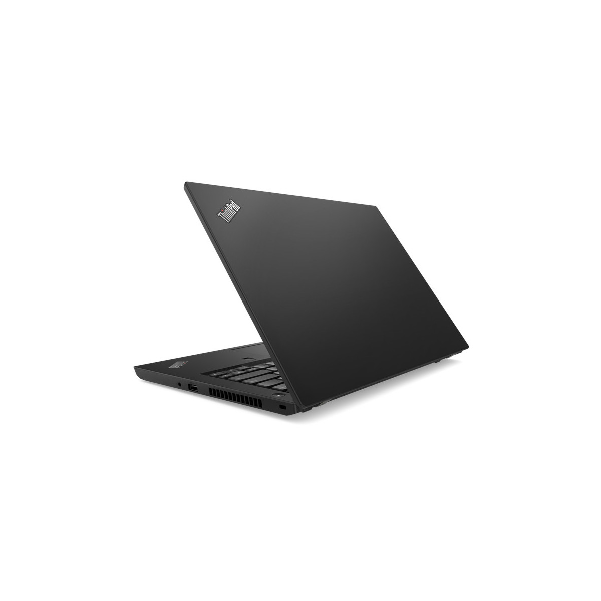 Schwarzer ThinkPad-Laptop mit geöffnetem Deckel, zeigt Tastatur und Lüftungsschlitze.