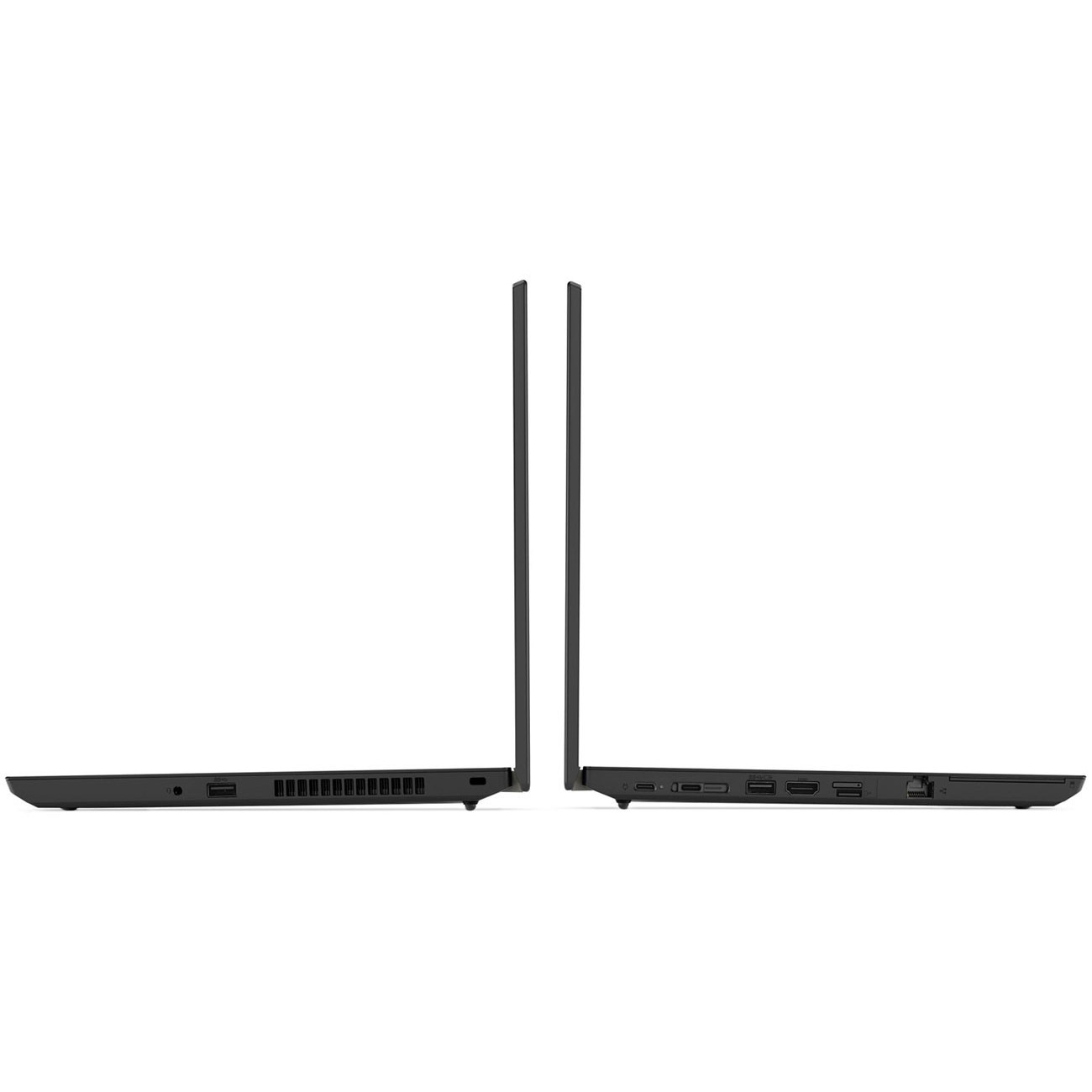 Zwei schwarze Laptops, seitenansicht, mit Anschlüssen auf den Seiten.