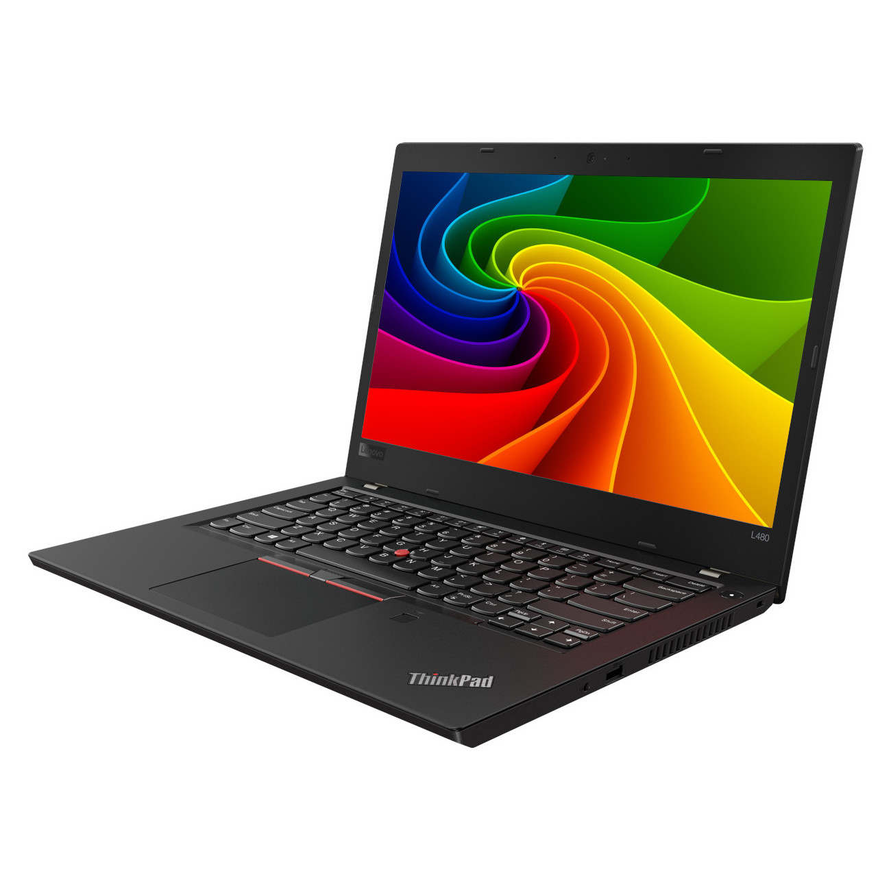 Ein schwarzer Lenovo ThinkPad Laptop mit einem bunten, wirbelnden Muster auf dem Bildschirm.