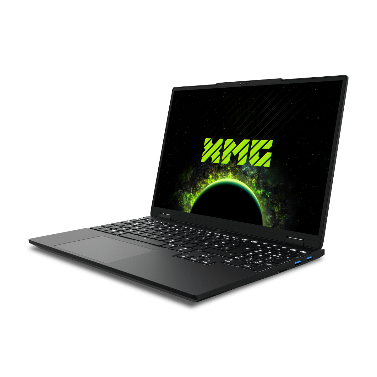 Schwarzer Laptop mit leuchtendem grünen Logo und Weltraum-Hintergrund auf dem Bildschirm.