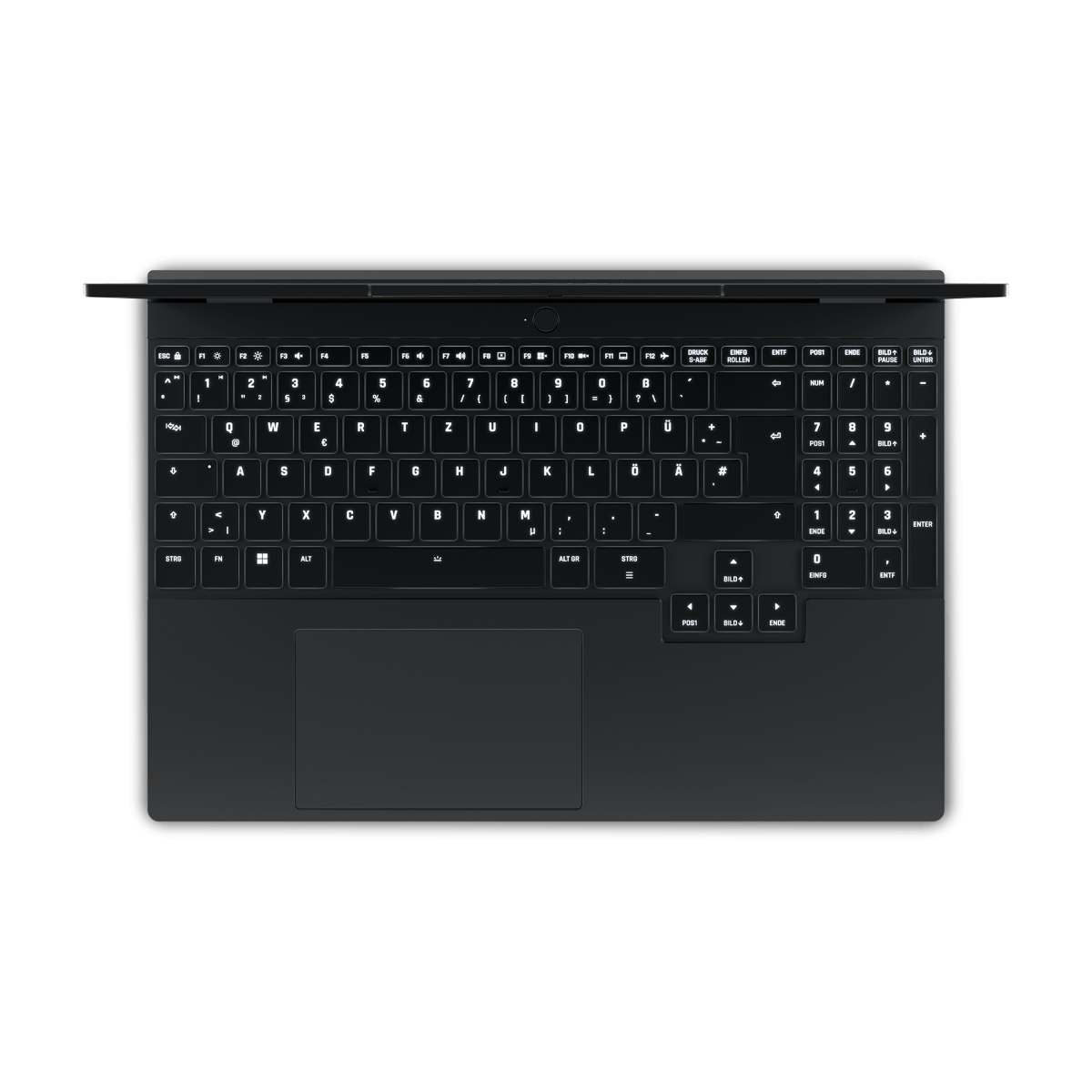 Eine schwarze Tastatur mit Touchpad und deutschen Tastenbelegungen auf schwarzem Hintergrund.