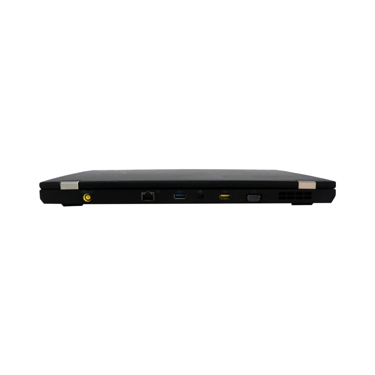 Schwarzer Laptop von der Seite mit mehreren Anschlüssen.