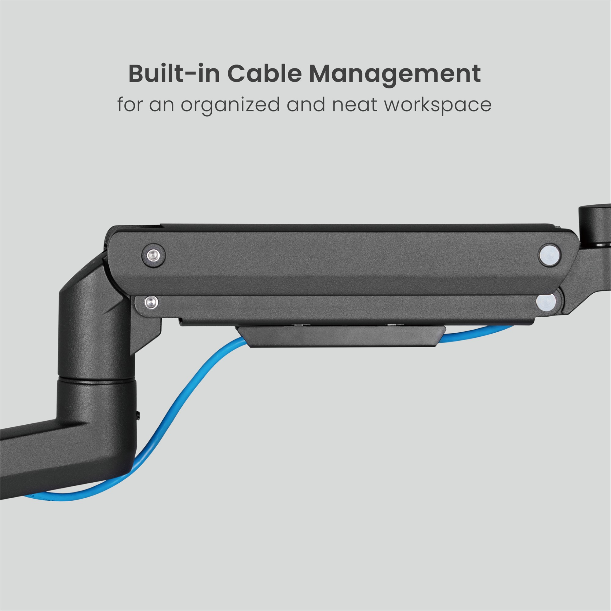 Schwarzer Monitorarm mit integriertem Kabelmanagement und blauem Kabel.