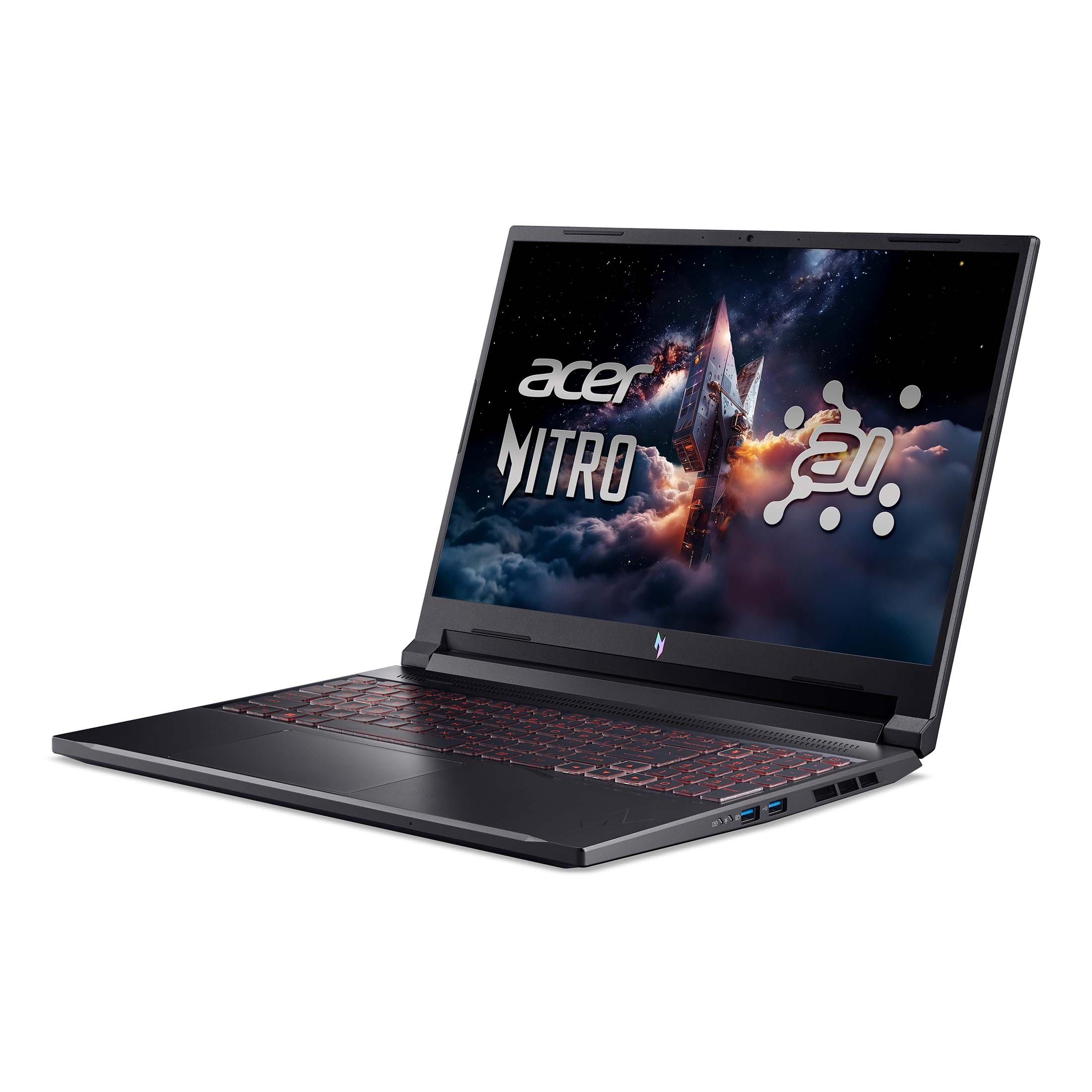 Schwarzer Acer Nitro Laptop mit roter Tastatur und Weltraum-Hintergrundbild.