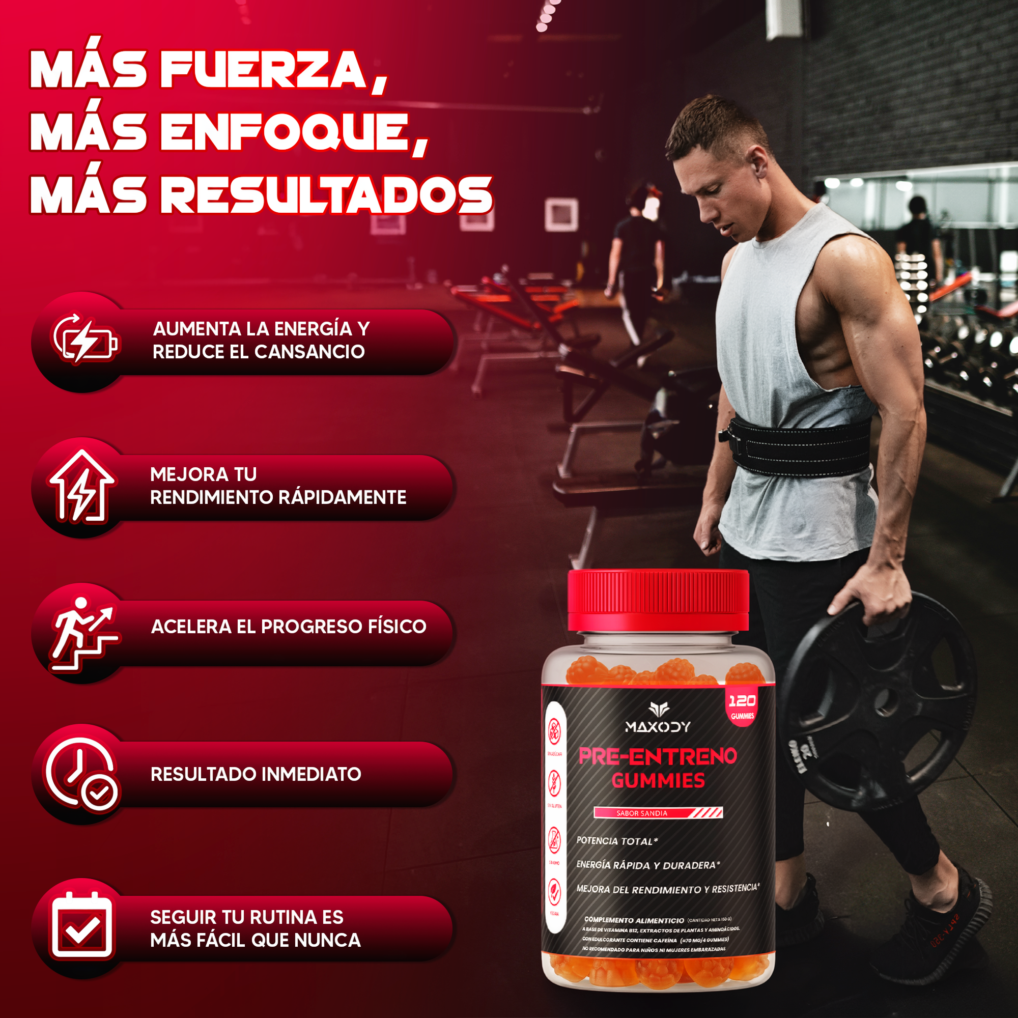 Un hombre en un gimnasio sosteniendo discos de pesas junto a una botella de gomitas.