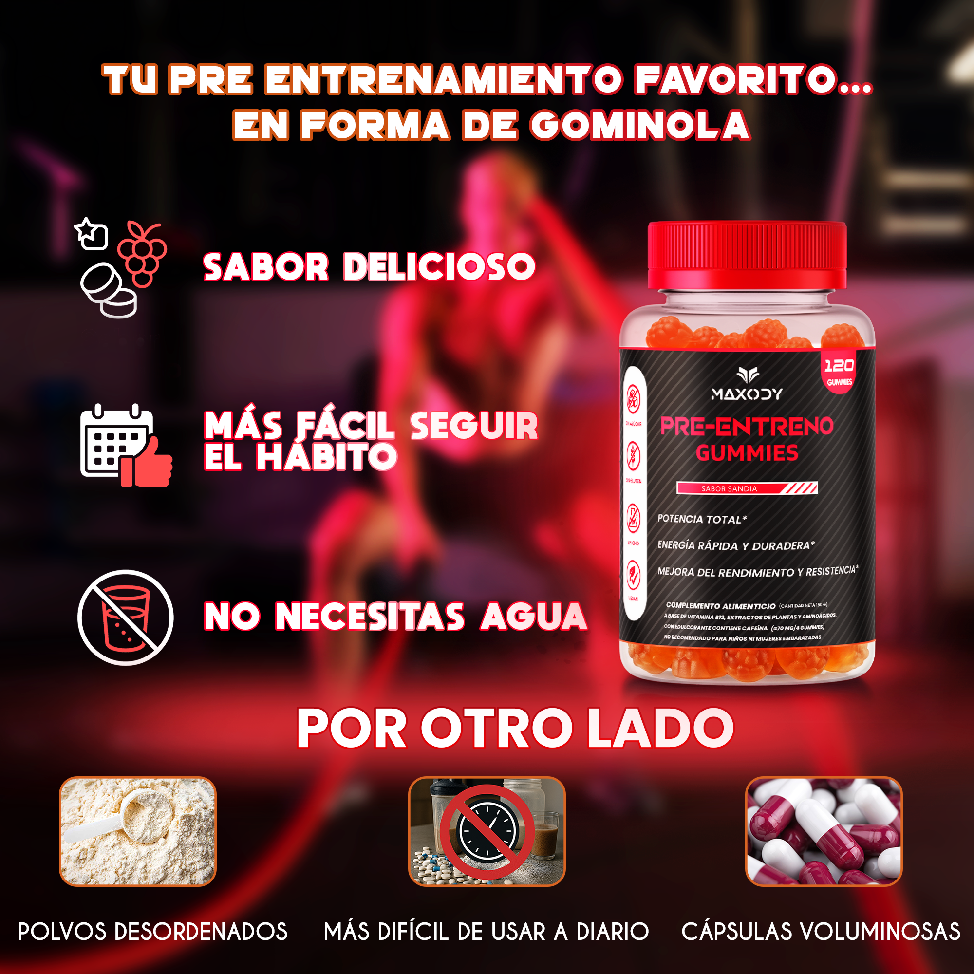 Anuncio de producto de gomitas pre-entreno con botella e iconos.
