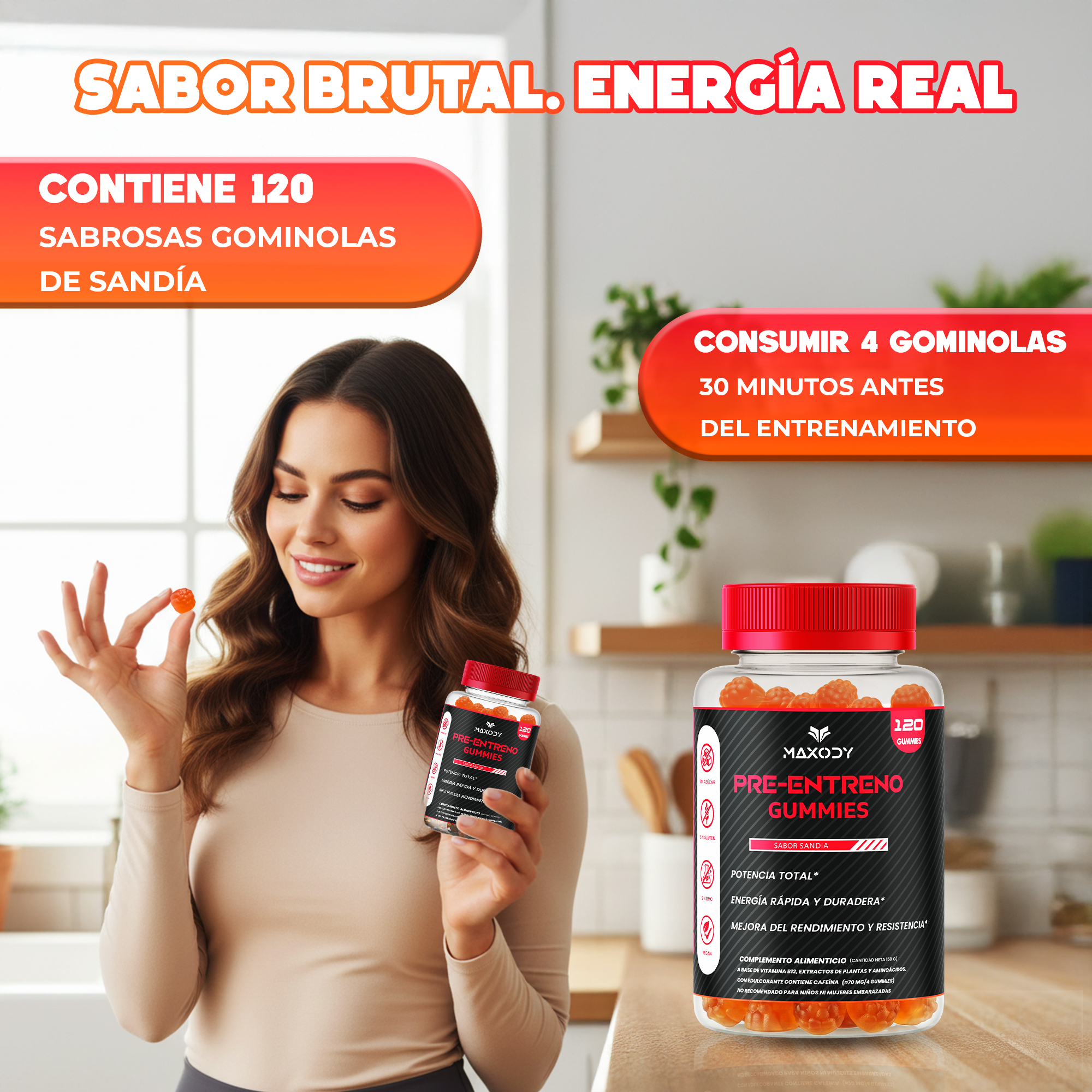 Mujer sostiene una botella de gomitas sabor sandía.